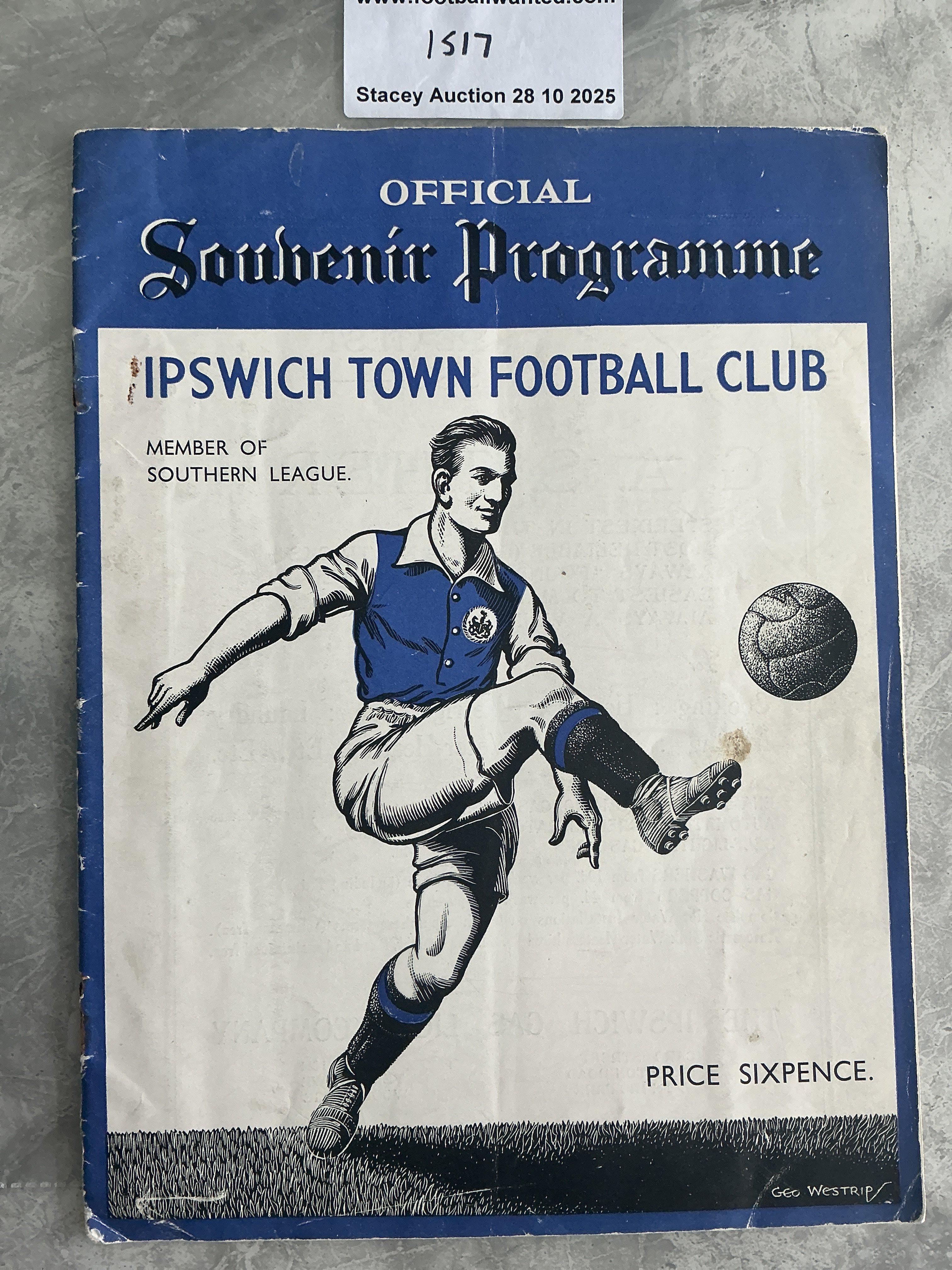 36/37 Ipswich Town v Tunbridge Wells Football Programme: Southern League first match of the season which was also Towns first match as a professional club. Rusty staples holding firm. The word Capt written to team page. Overall good.