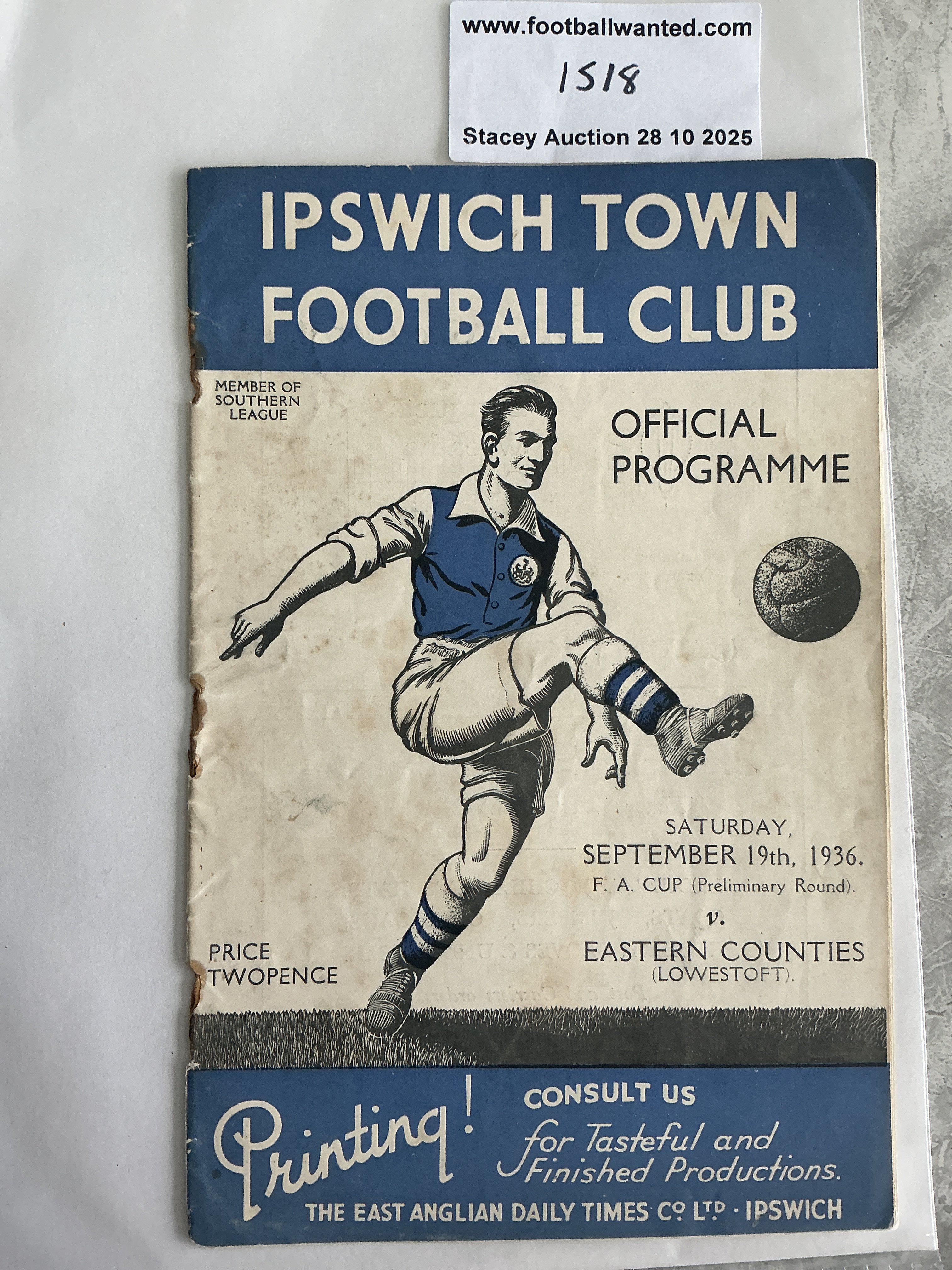 36/37 Ipswich Town v Eastern Counties FA Cup Football Programme: Staples have rusted away leaving holes and marks. Spine is nearly completely split. Programme is complete with no other faults so overall fair. FA Cup preliminary round.