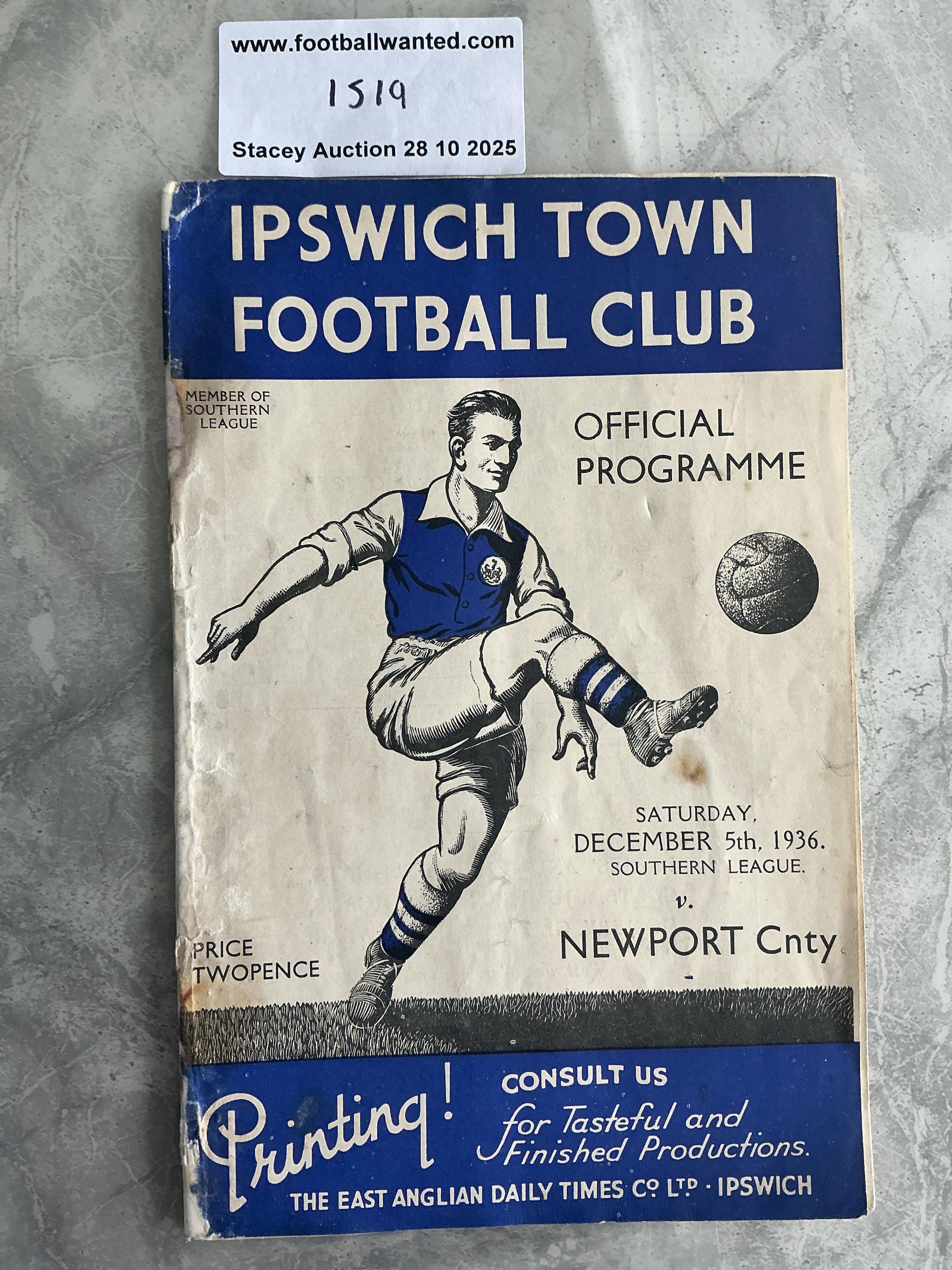 36/37 Ipswich Town v Newport County Football Programme: Staples have rusted away leaving holes and marks even after repair. Southern League programme is complete with no other faults.
