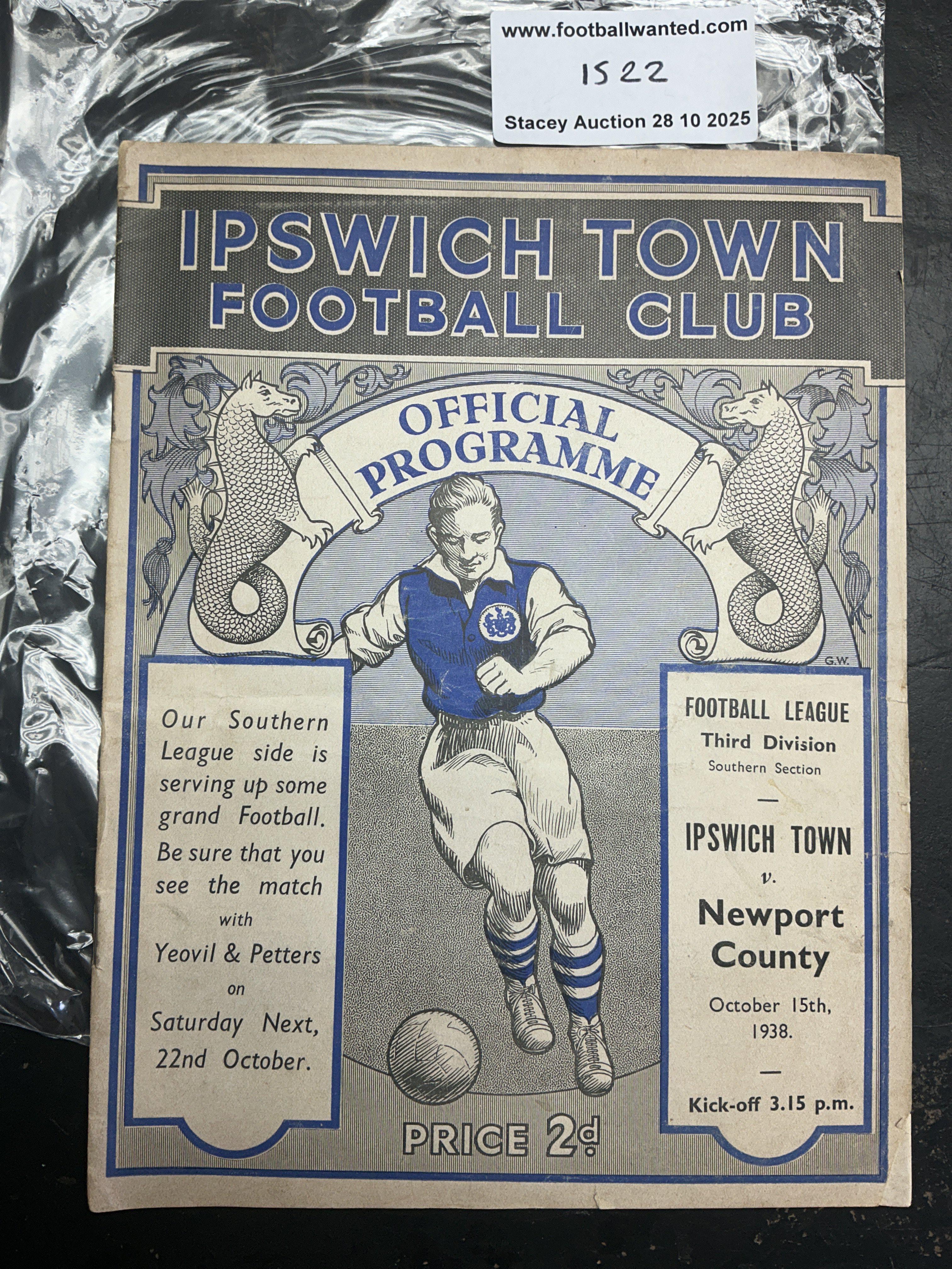 38/39 Ipswich Town v Newport County Football Programme: Very good condition 3rd division programme with no team changes.
