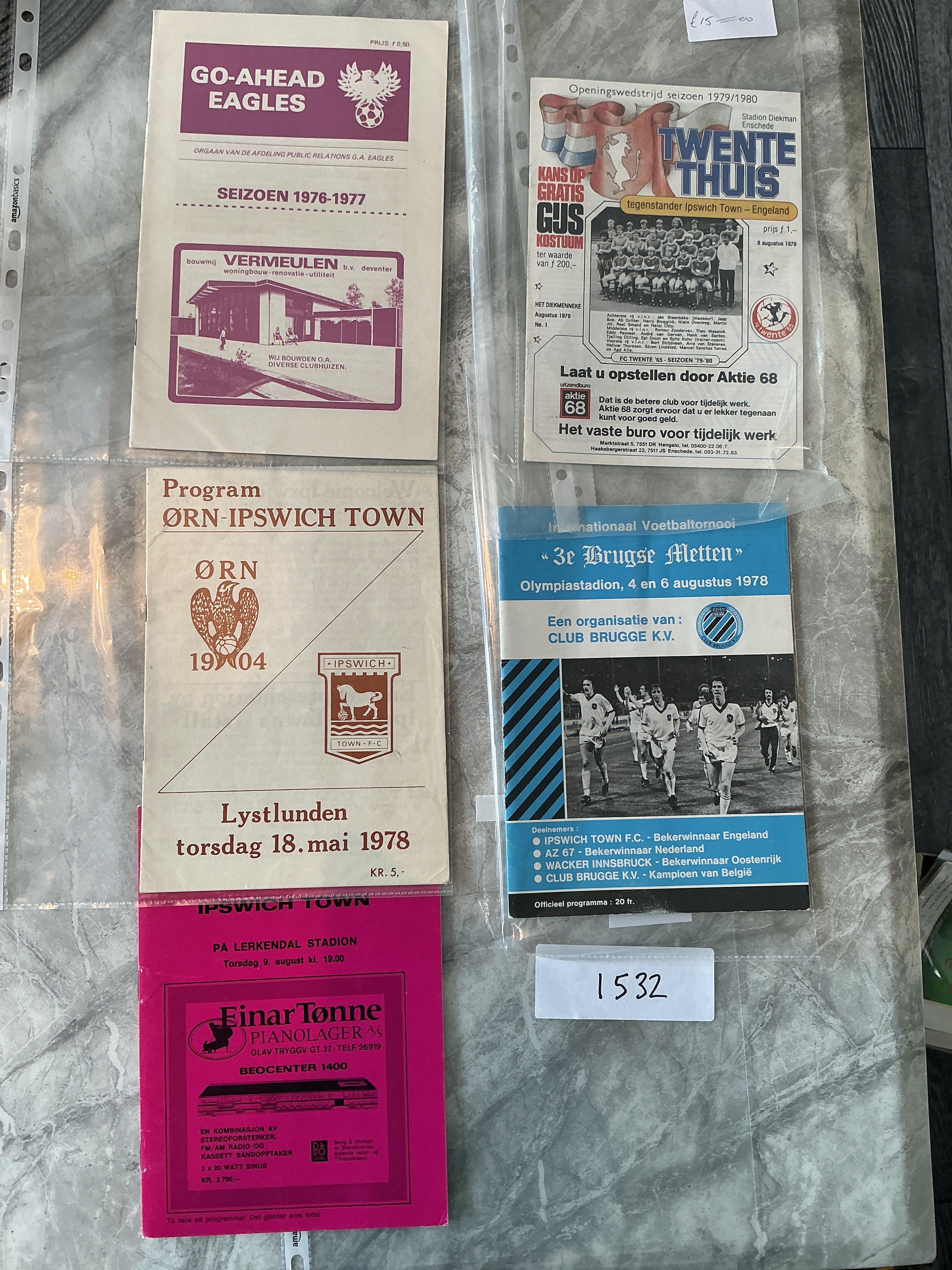 Ipswich 1970s Foreign Away Football Programmes: 73/74 Rosenberg, 76/77 Go Ahead Eagles, 77/78 Orn, 78/79 Brugge, 79/80 FC Twente. Good. (5)