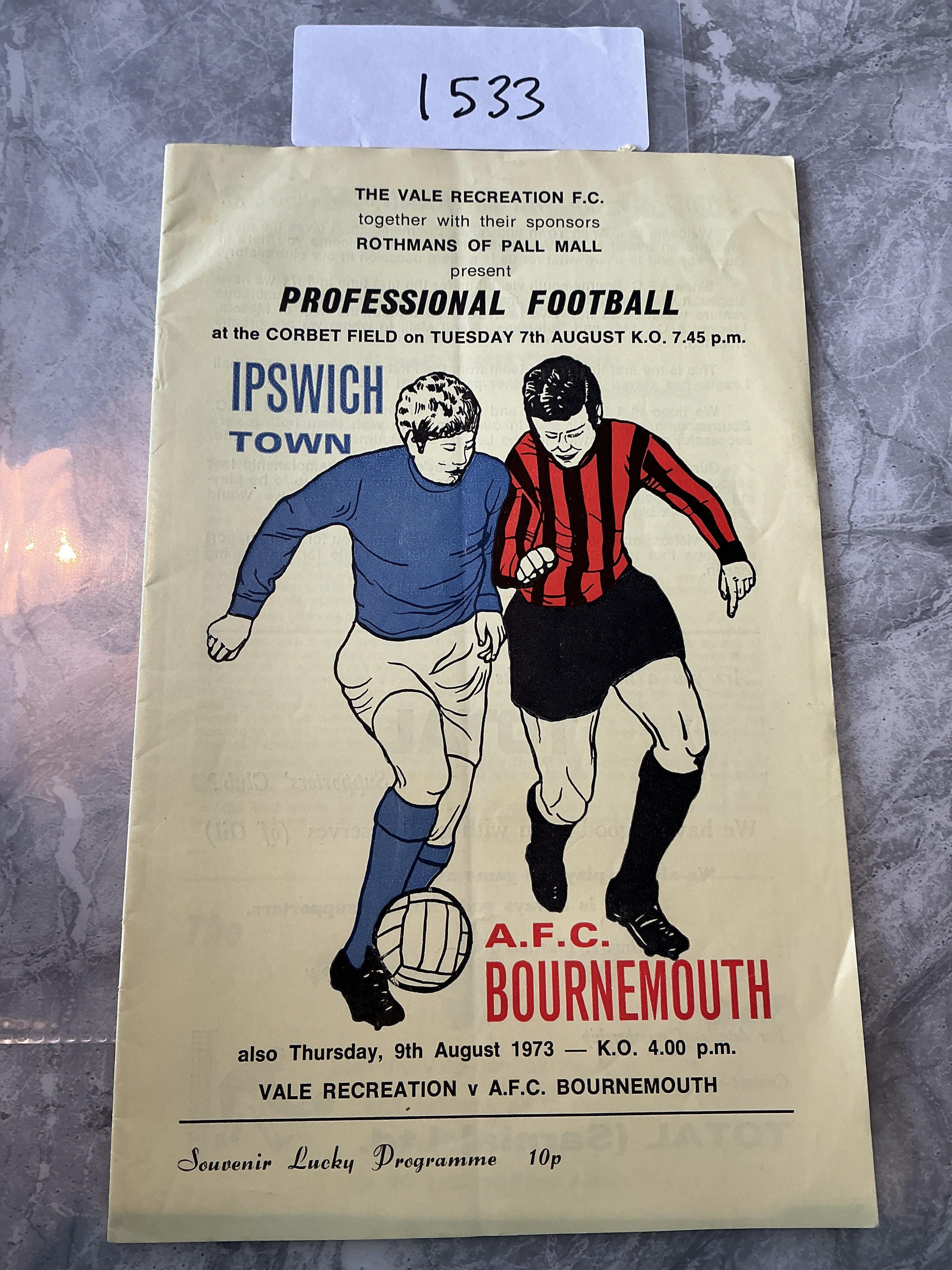 73/74 Bournemouth + Ipswich Guernsey Tour Football Programme: Vale Creation v both clubs in early August 1973. Hard to obtain good condition programme with fold but no writing. (1)