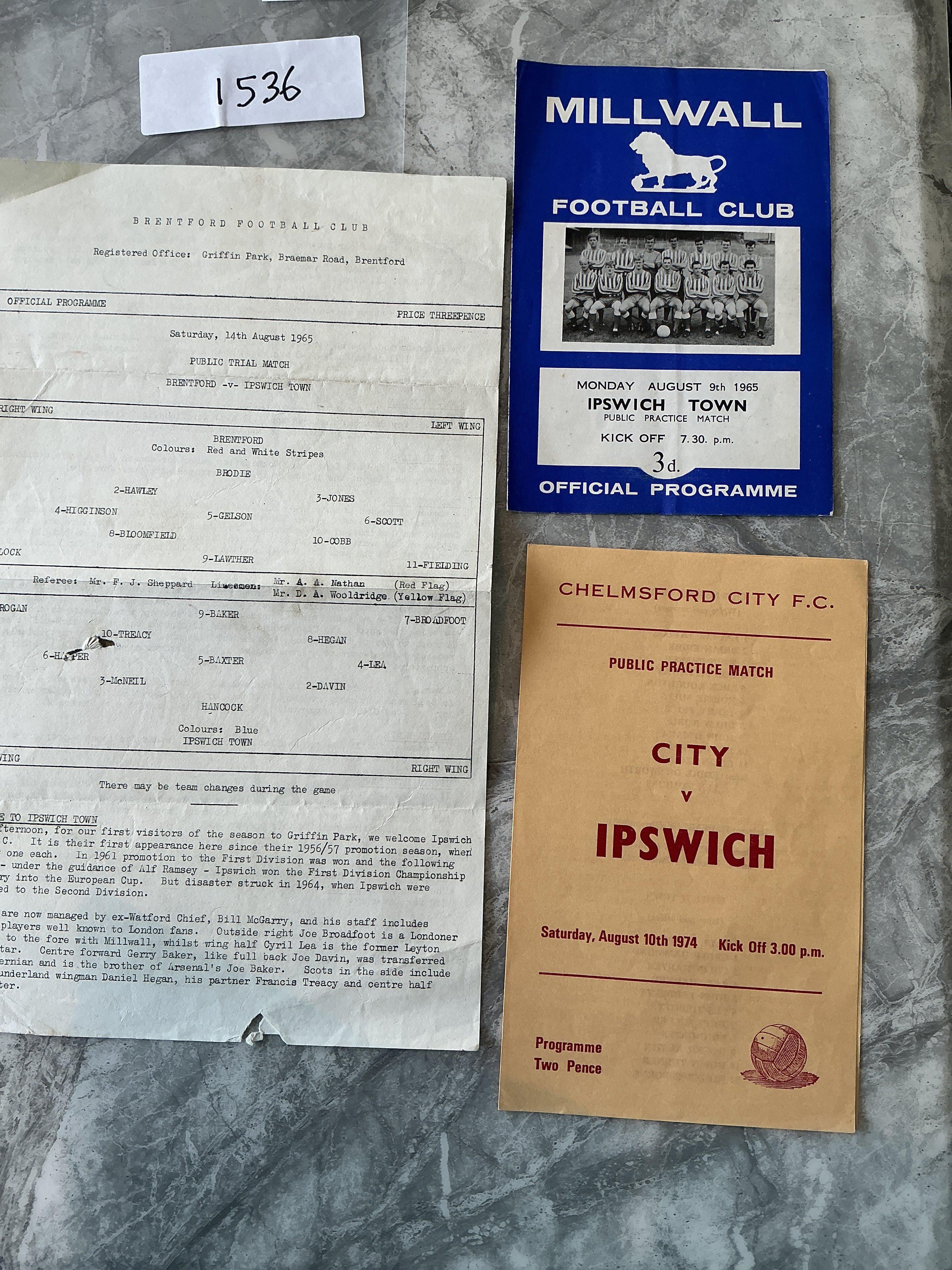 Ipswich Town Away Practice Match Football Programmes: 65/66 Brentford tear, Millwall and 74/75 Chelmsford. Good. (3)