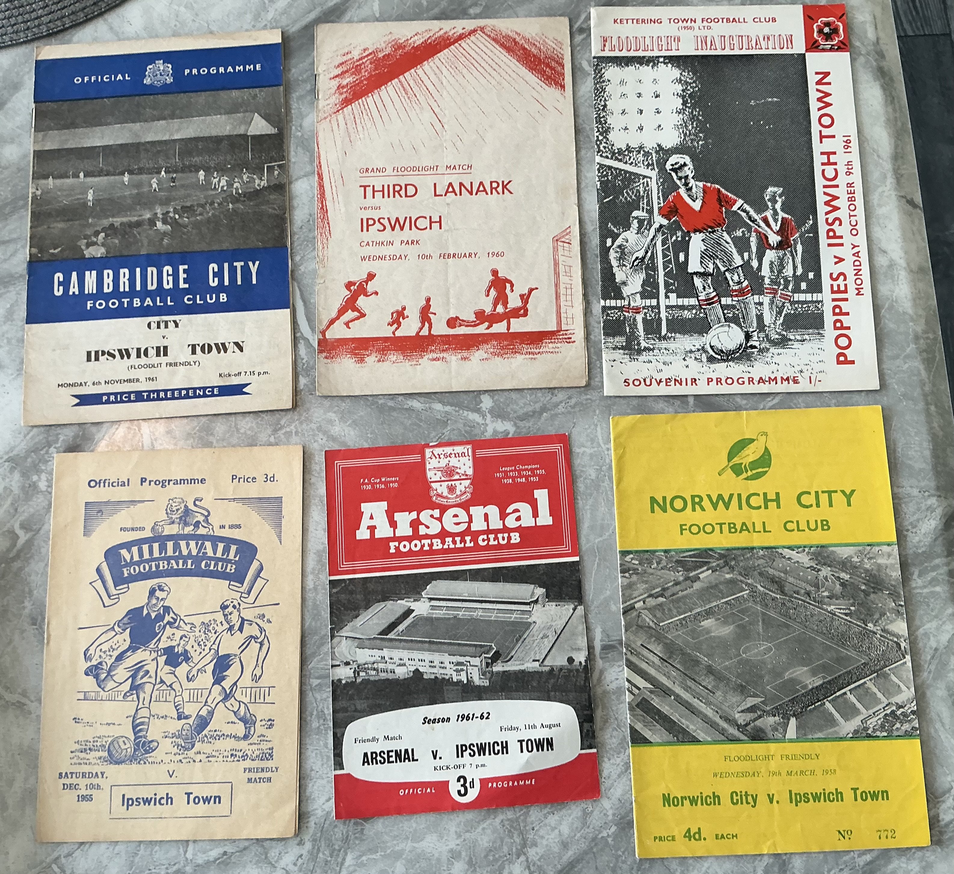 Ipswich Town Away Friendly Football Programmes: 55/56 Millwall, 57/58 Norwich, 59/60 Third Lanark, 61/62 Cambridge City, Arsenal, Kettering. Good. (6)