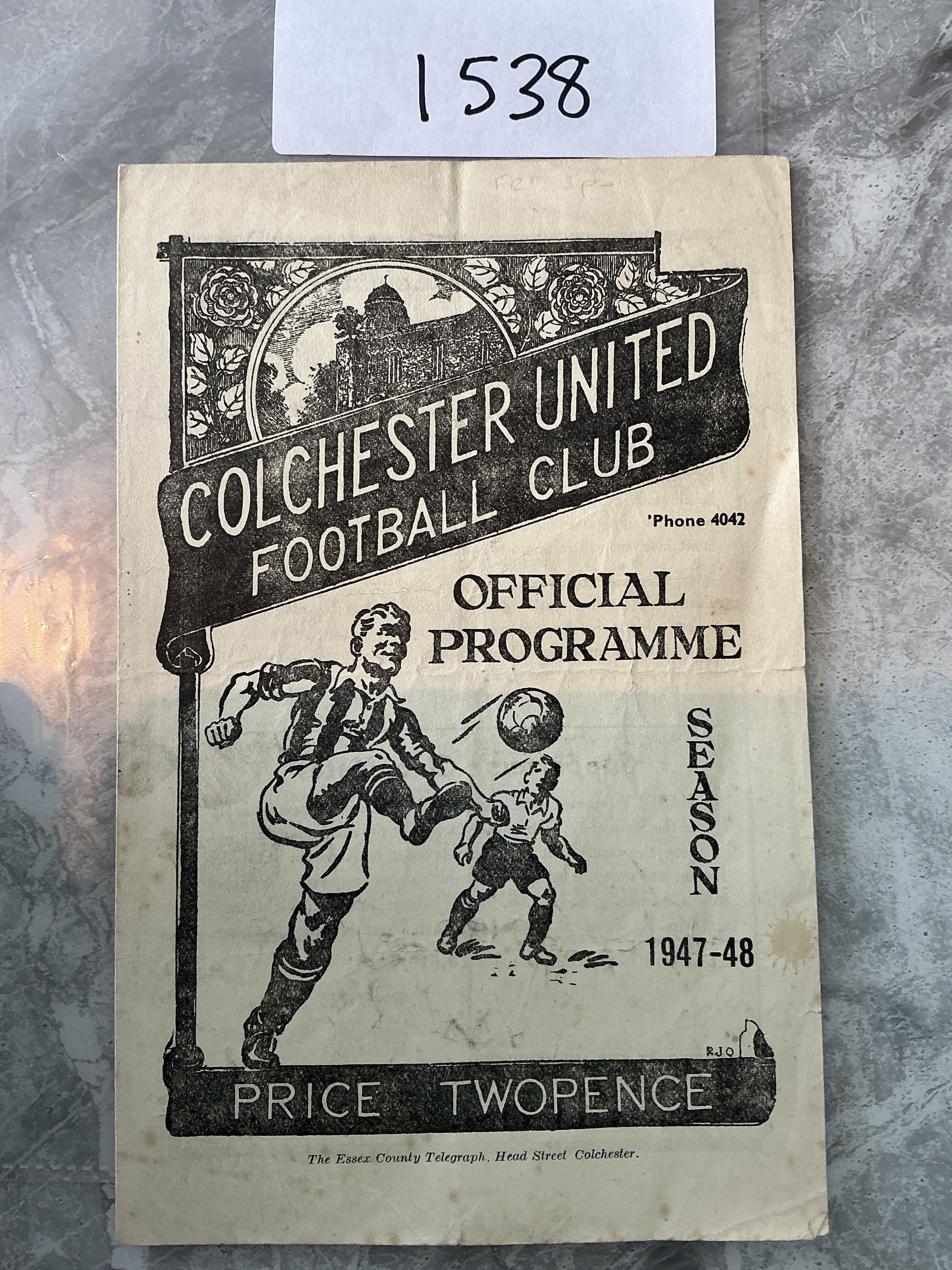 47/48 Colchester United v Ipswich Football Programme: 4 page friendly dated 5 4 1948. Fair/good with writing to team page and tiniest tear.
