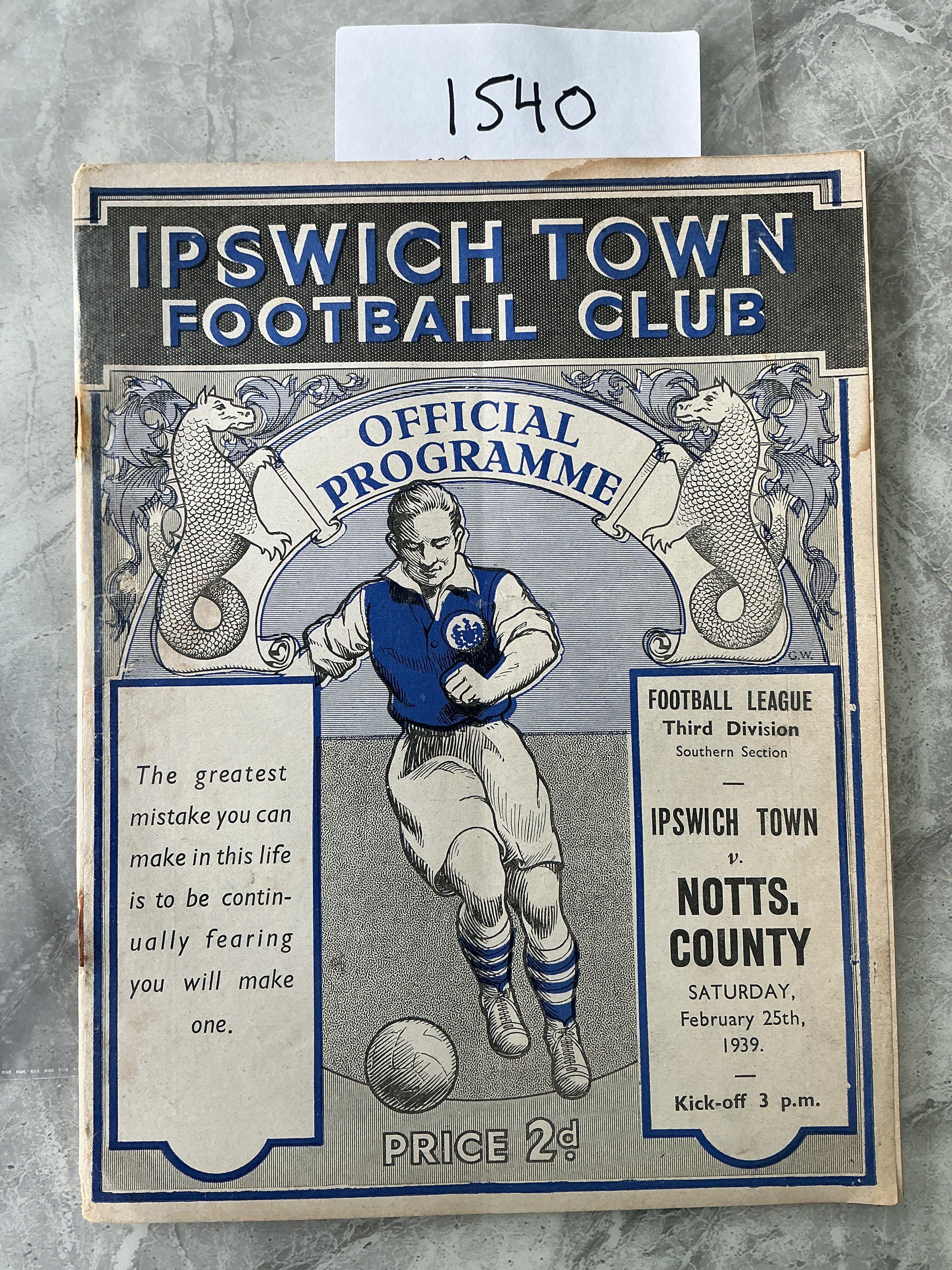 38/39 Ipswich v Notts County Football Programme: 3rd Division 20 page programme in fair/good condition. Rusty staples holding firm.