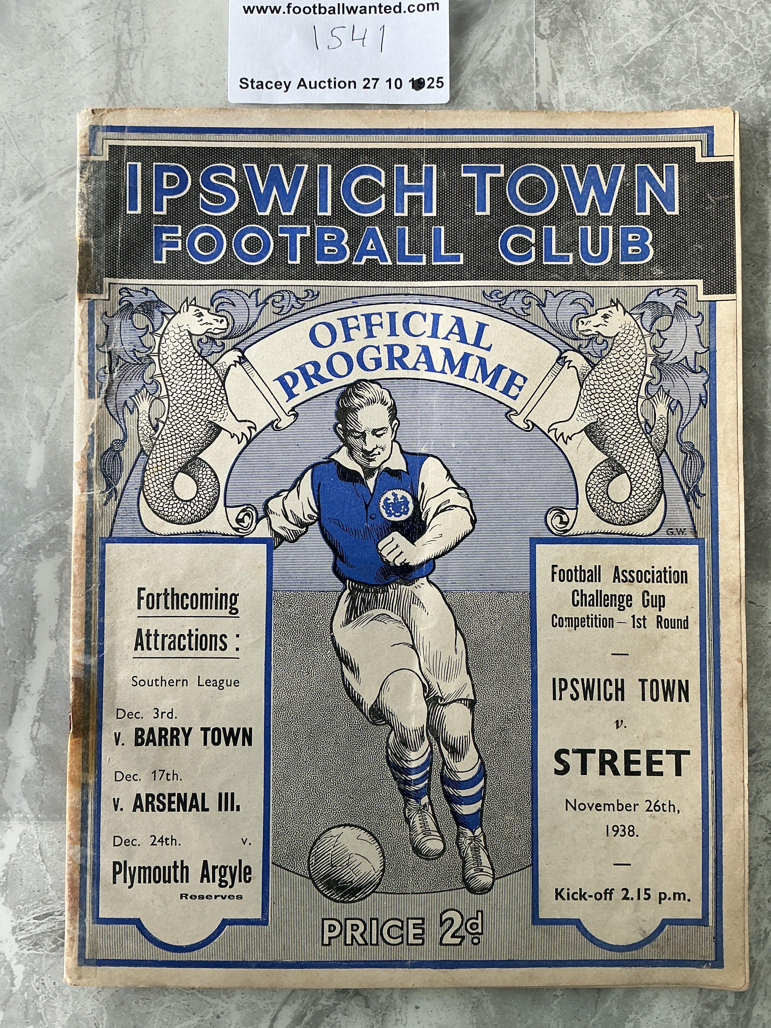 38/39 Ipswich v Street FA Cup Football Programme: 24 page programme in fair condition. Rusty staples holding firm. Spine repair and pencil to rear.