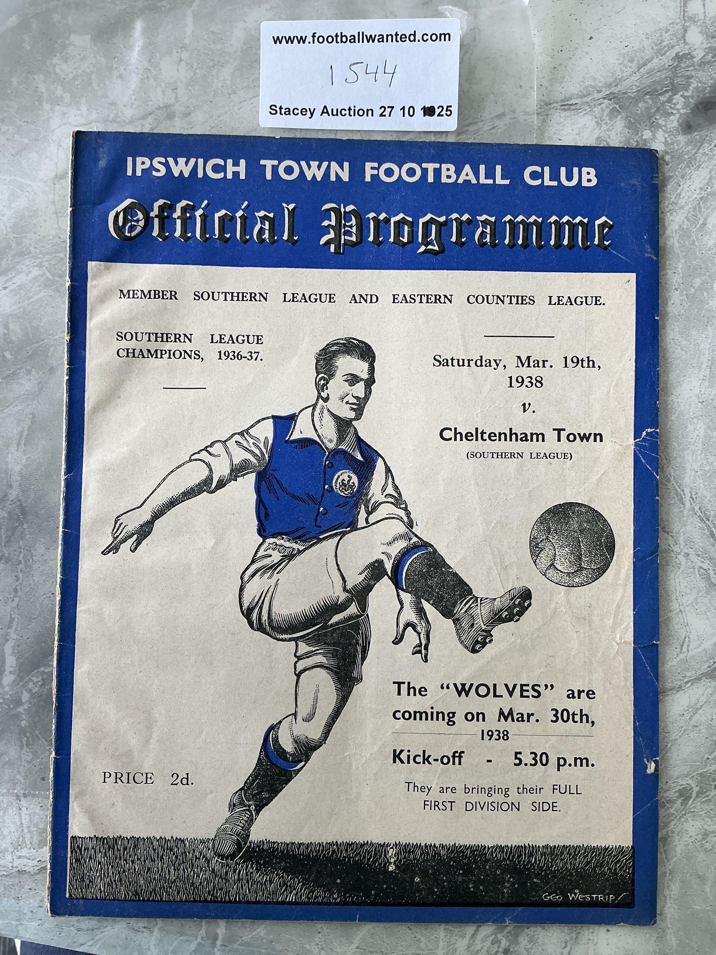 37/38 Ipswich v Cheltenham Town Football Programme: Southern League 16 page programme in fair/good condition. Some small tears to right hand border.