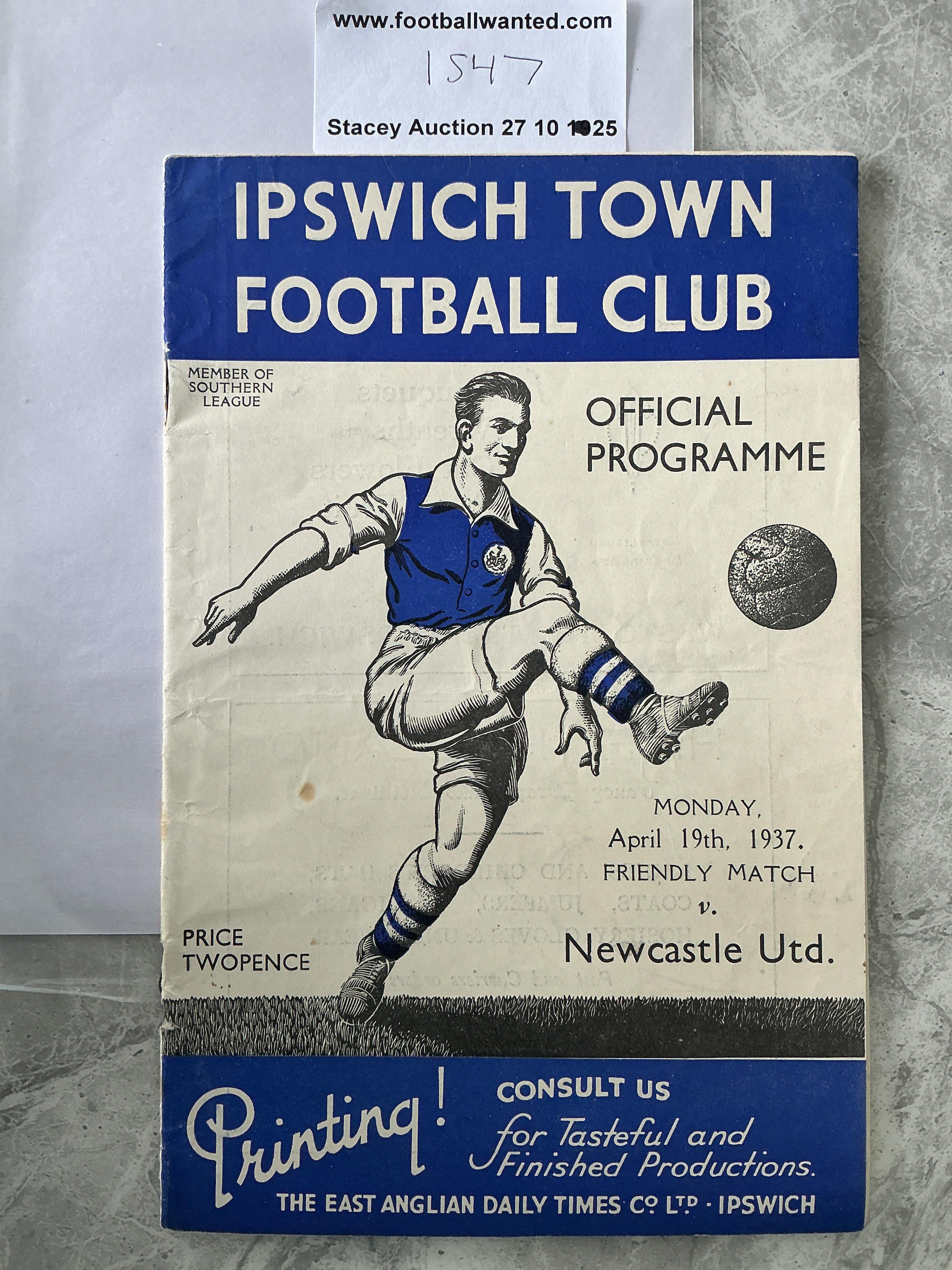 36/37 Ipswich v Newcastle United Friendly Football Programme: 20 page programme in excellent condition with no team changes.