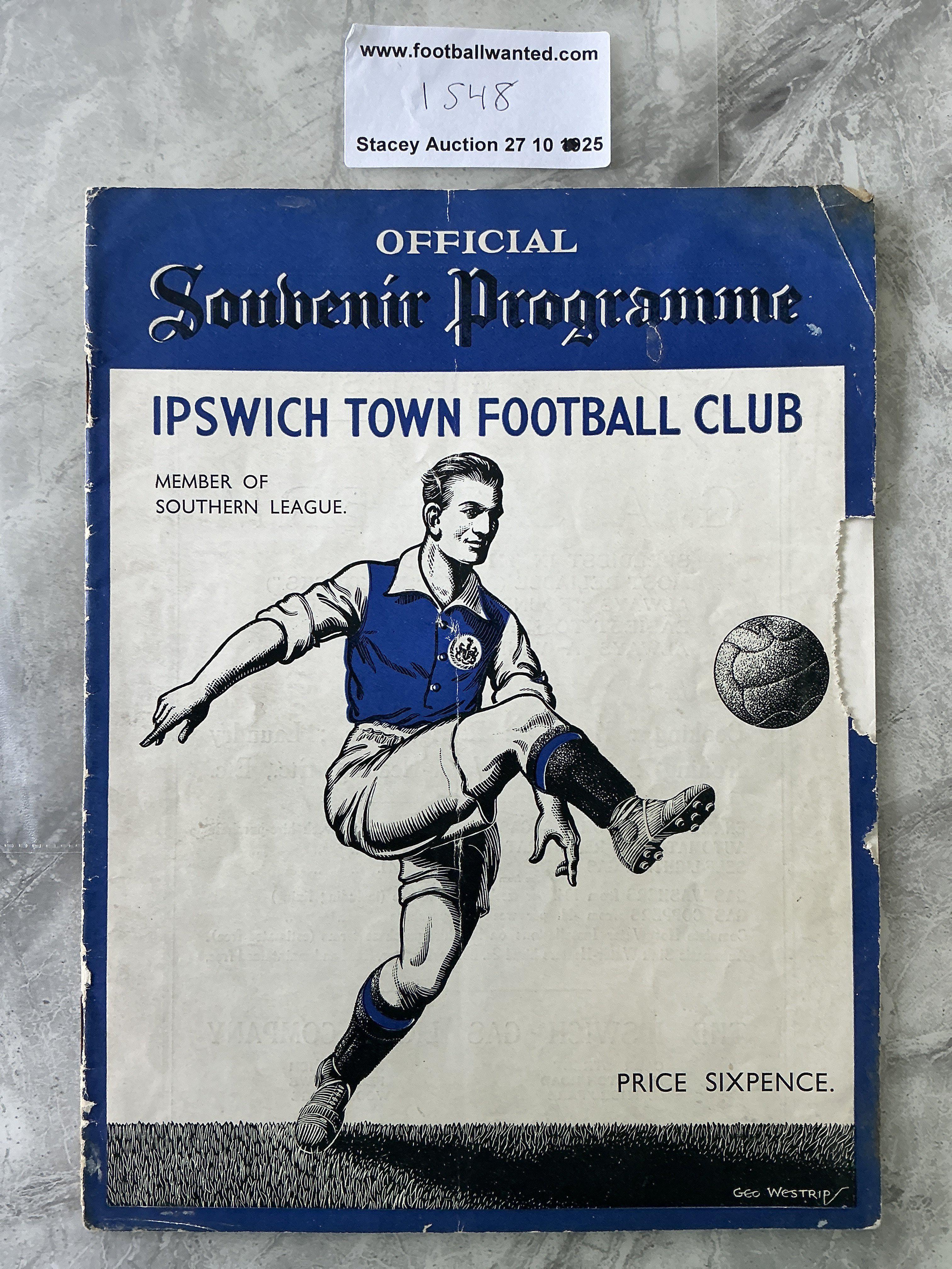 36/37 Ipswich v Tunbridge Wells Football Programme: Southern League 18 page programme in fair condition. Splitting to spine and a couple of small pieces missing from border. See online photos.
