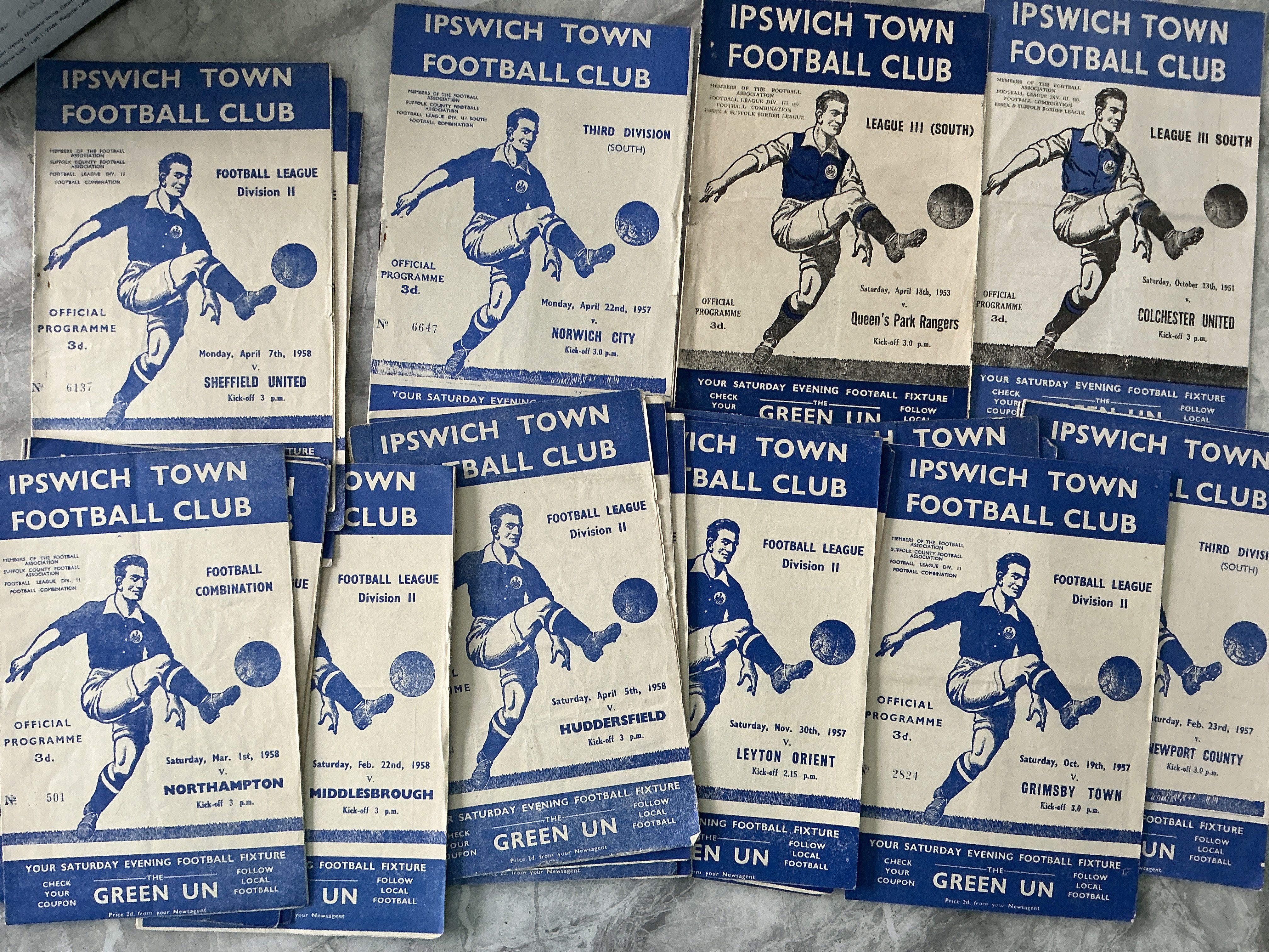 Ipswich Town 1950s Home Football Programmes: 51/52 Colchester 52/53 QPR, 56/57 x 3, 57/58 x 22. Mainly very good with slight duplication. (27)