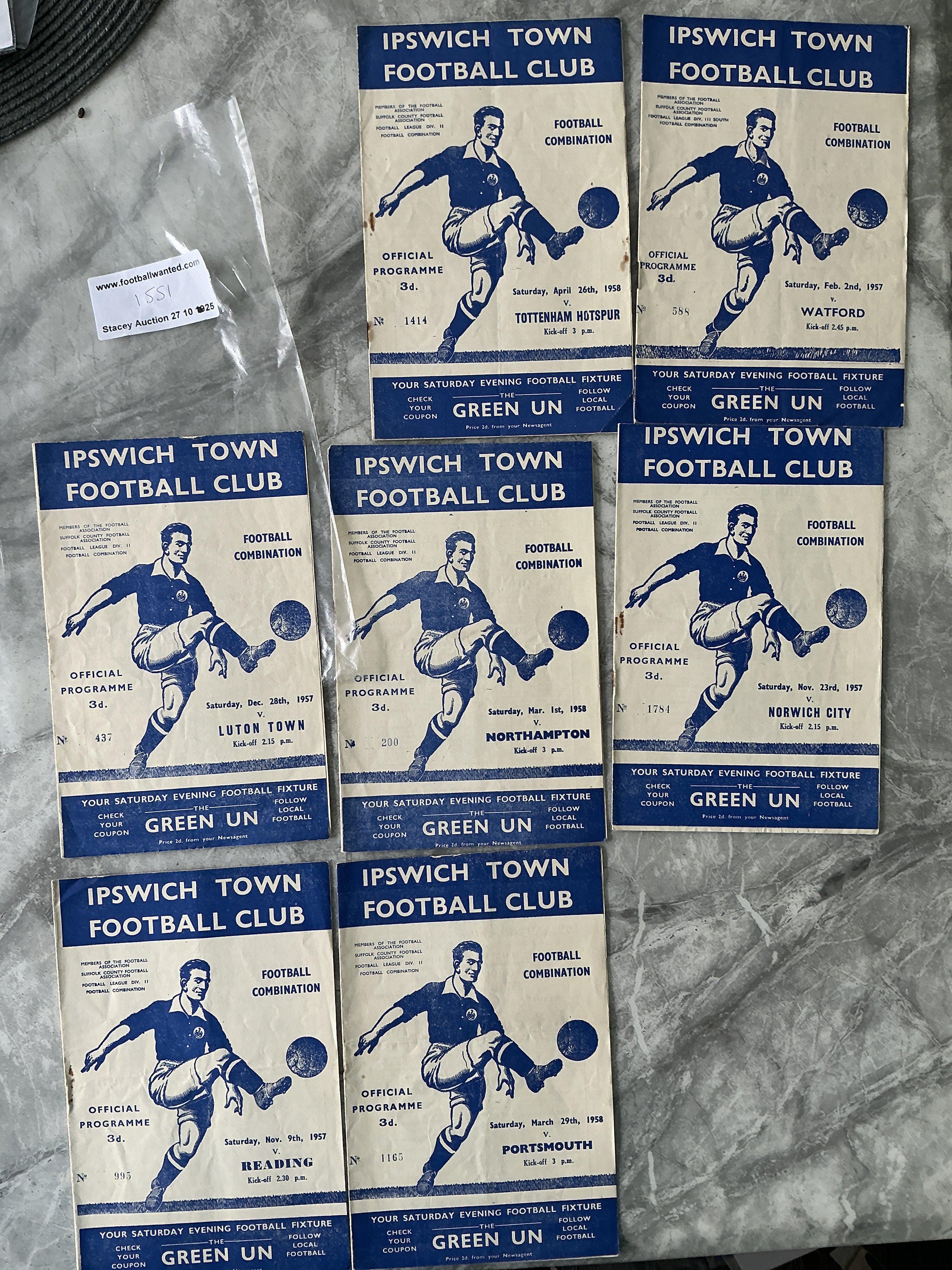 56/57 Ipswich Town Reserve Home Football Programmes: Football Combination matches v Tottenham Portsmouth Northampton Norwich Reading Watford and Luton. Very good. (7)