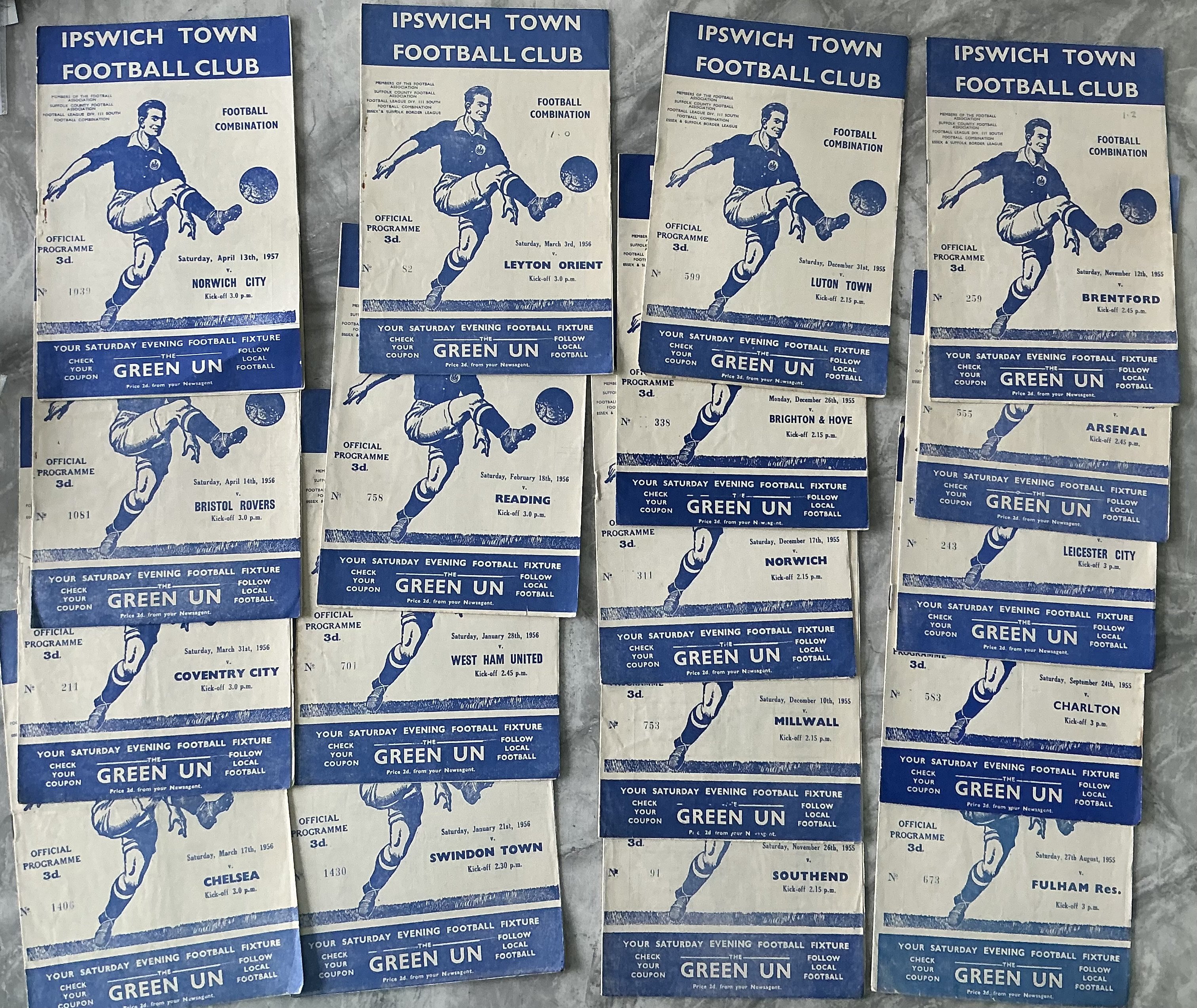 55/56 Ipswich Town Reserve Home Football Programmes: Football Combination matches to include Tottenham Norwich West Ham Chelsea and Arsenal. C/W 56/57 Norwich. Very good with 5 having score to cover. (18)