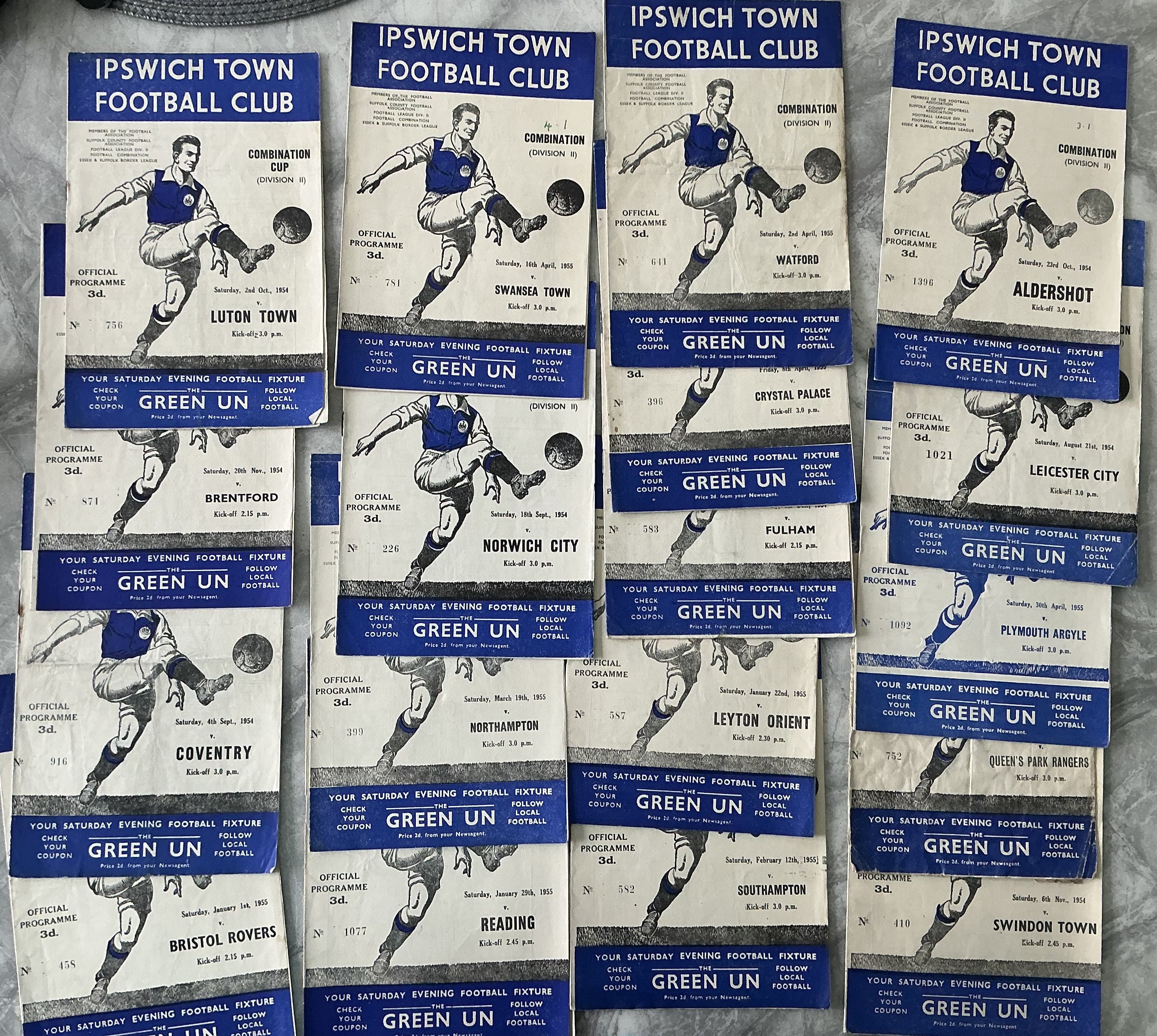 54/55 Ipswich Town Reserve Home Football Programmes: Football Combination matches to include Norwich Reading Northampton Orient and Southampton plus Combination Cup v Luton. Very good:except QPR. 6 have score to cover. (18)