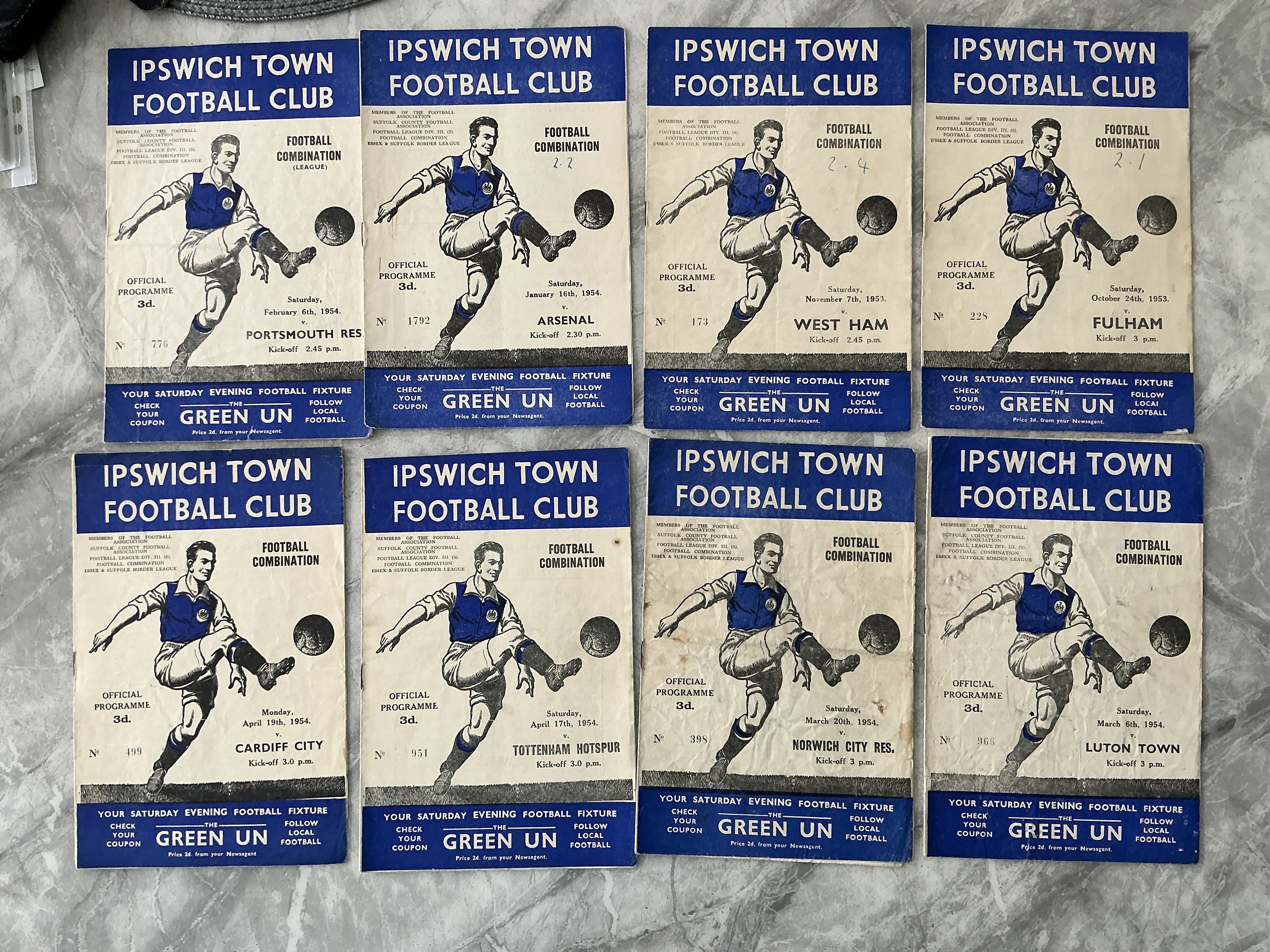 53/54 Ipswich Town Reserve Home Football Programmes: Football Combination matches v Tottenham Portsmouth Norwich Cardiff West Ham Fulham Arsenal and Luton. Good with 3 having score to cover. (8)