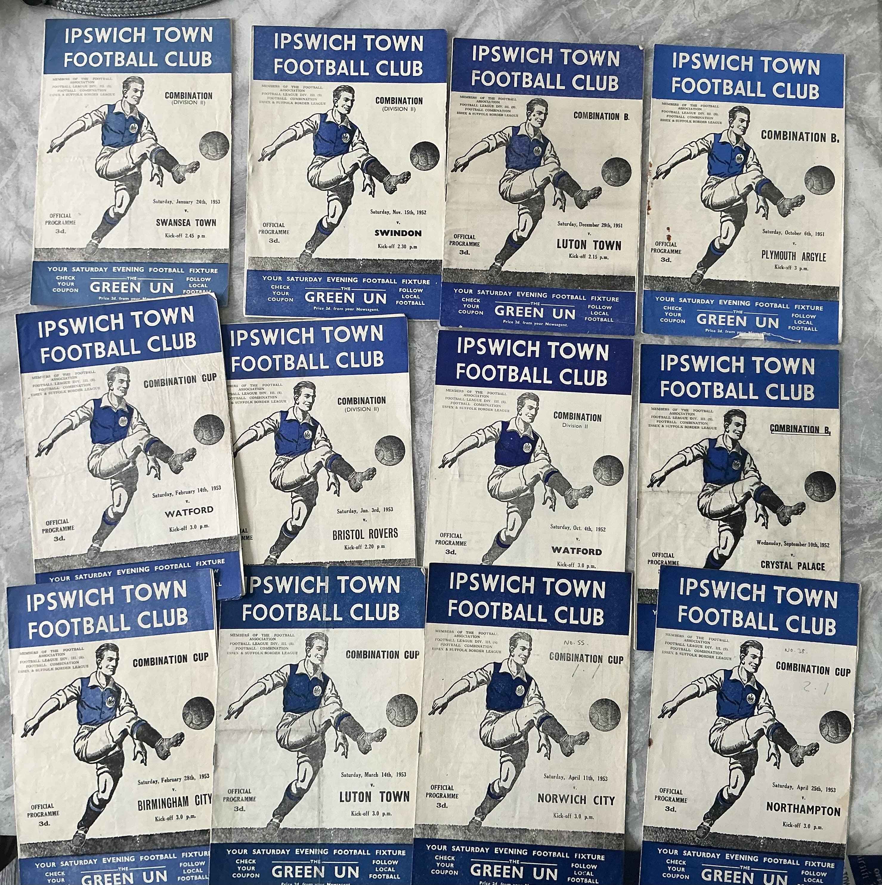 51/52 + 52/53 Ipswich Town Reserve Home Football Programmes: Football Combination + Combination Cup matches to include Northampton Norwich Watford Plymouth Swansea Crystal Palace and Luton. Very good with 2 having score to cover. (12)