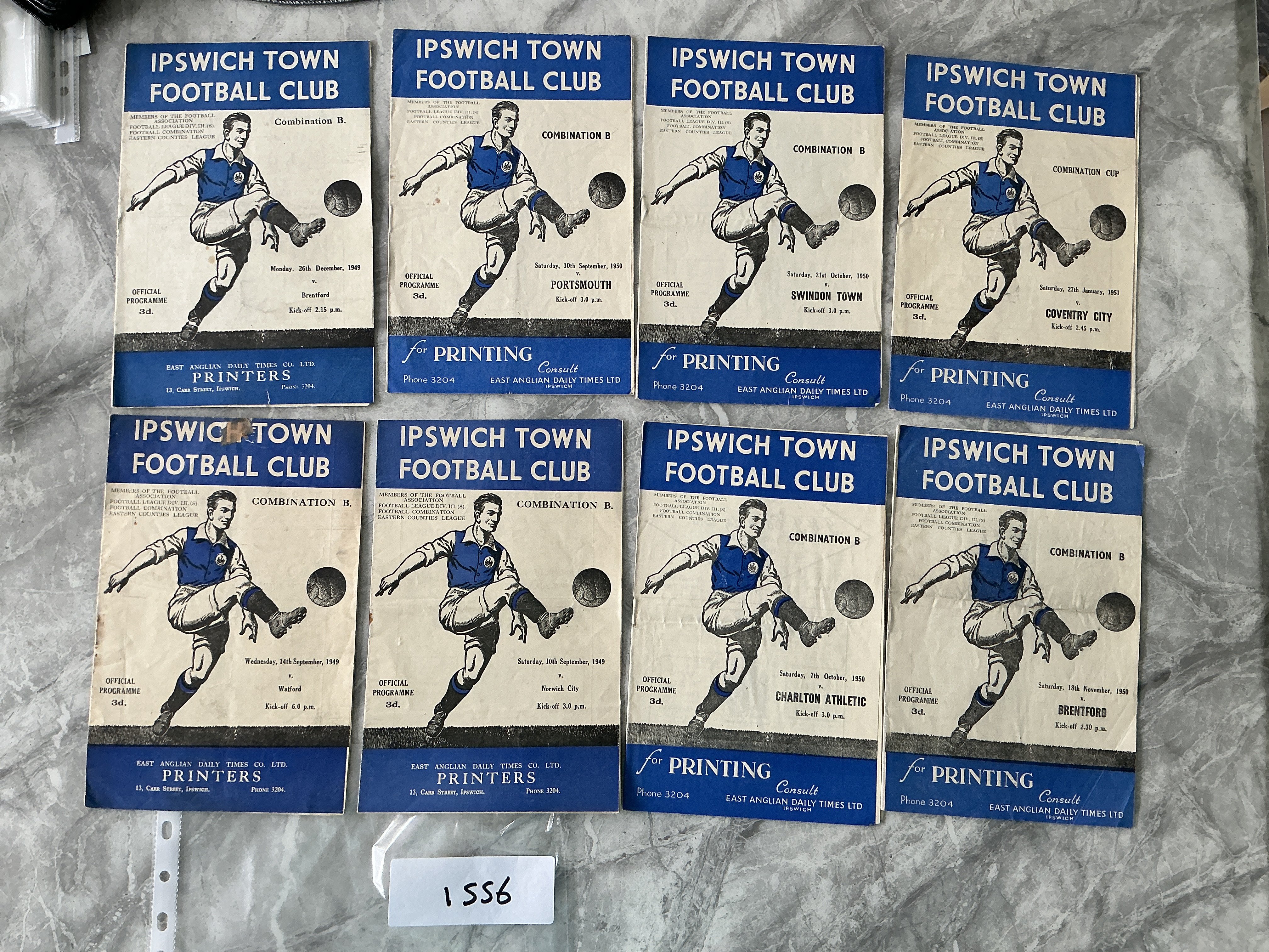 49/50 + 50/51 Ipswich Town Reserve Home Football Programmes: Football Combination matches 49/50 v Watford, Brentford Norwich, 50/51 v Portsmouth, Swindon, Brentford, Charlton plus Coventry Combination Cup. Very good. (8)