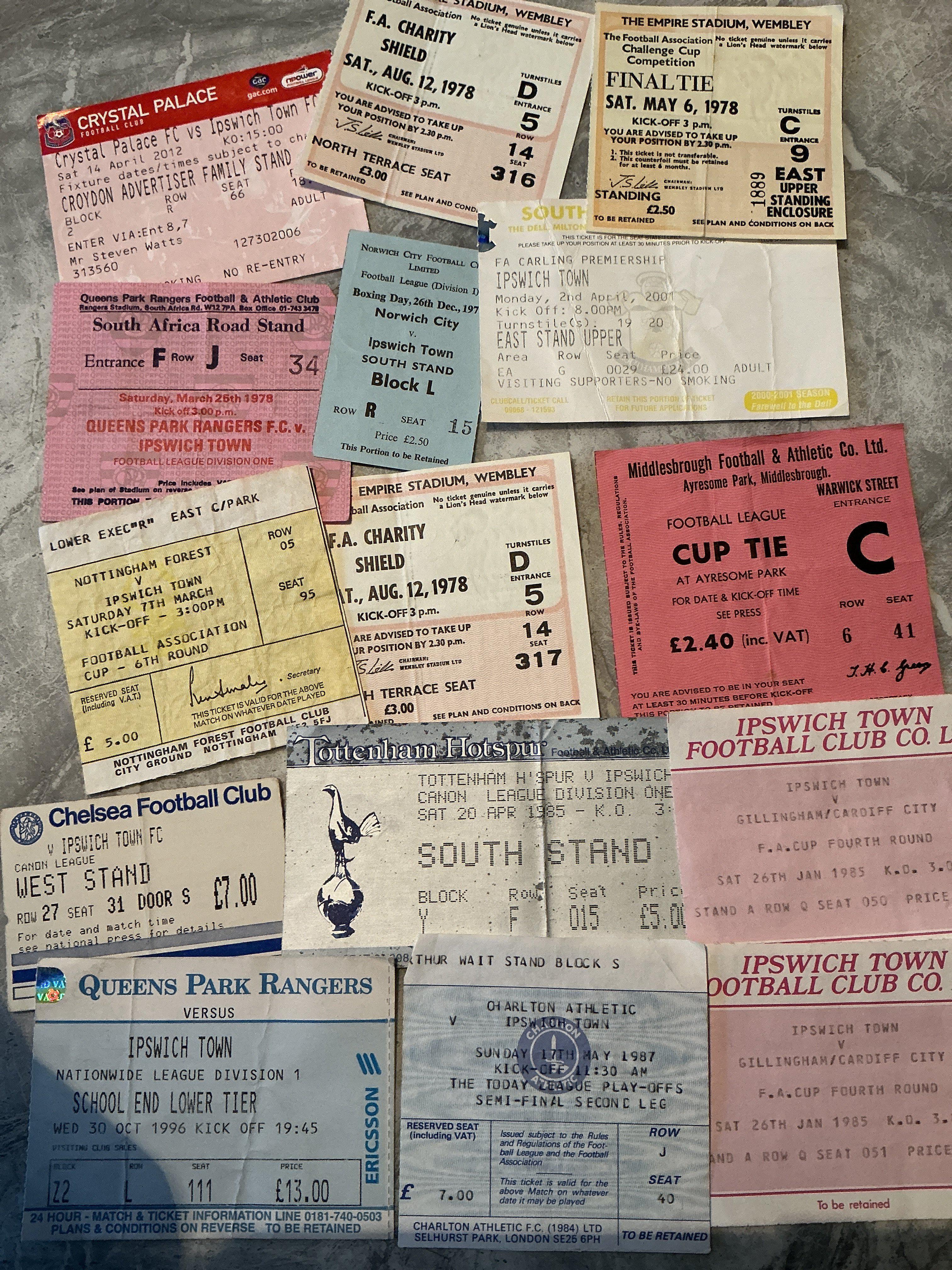 Ipswich Town Football Tickets: Home and away from the 70s to quite modern. Includes from 77/78 FA Cup final, Charity Shield, away to Norwich, QPR. Instructions to sell. (90)
