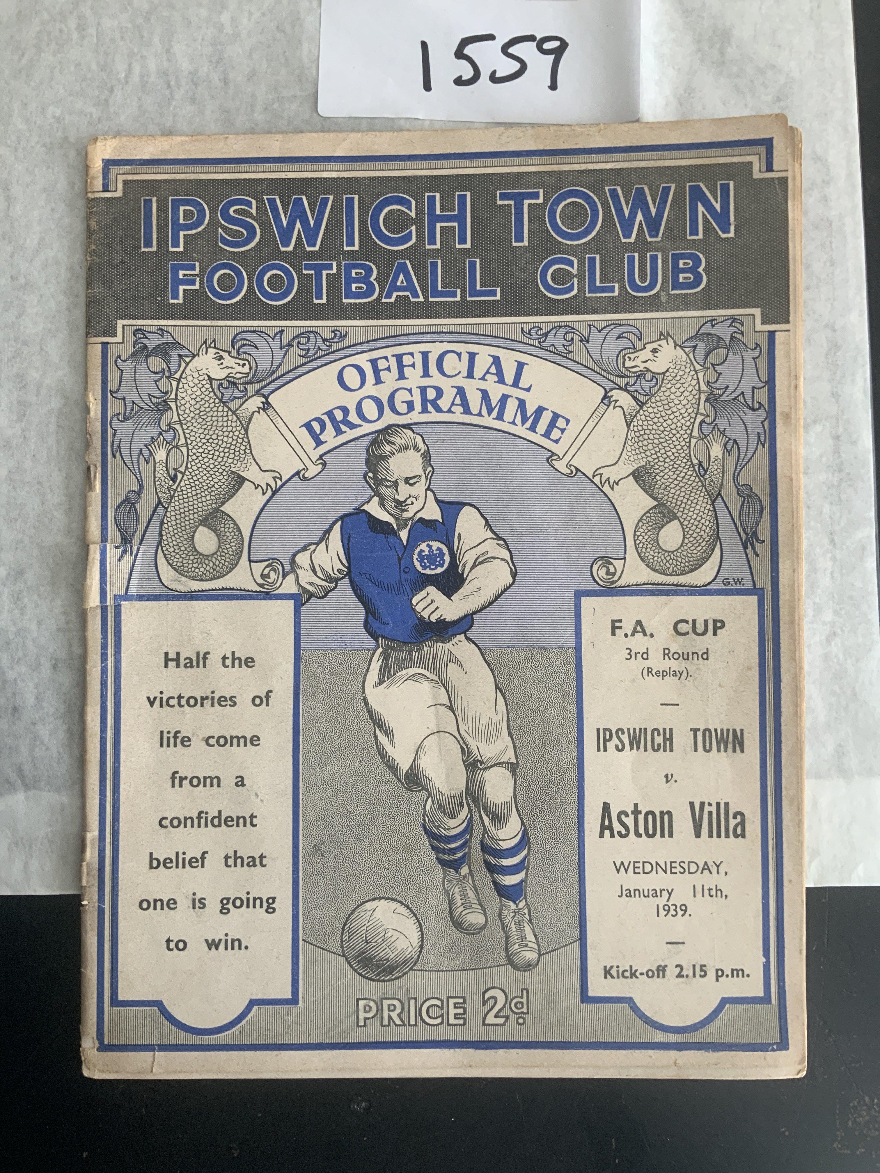 38/39 Ipswich Town v Aston Villa FA Cup Football Programme: 3rd round replay in Towns first season in the football league. Tear on back page and spine. Staples have rotted away. Fair condition.