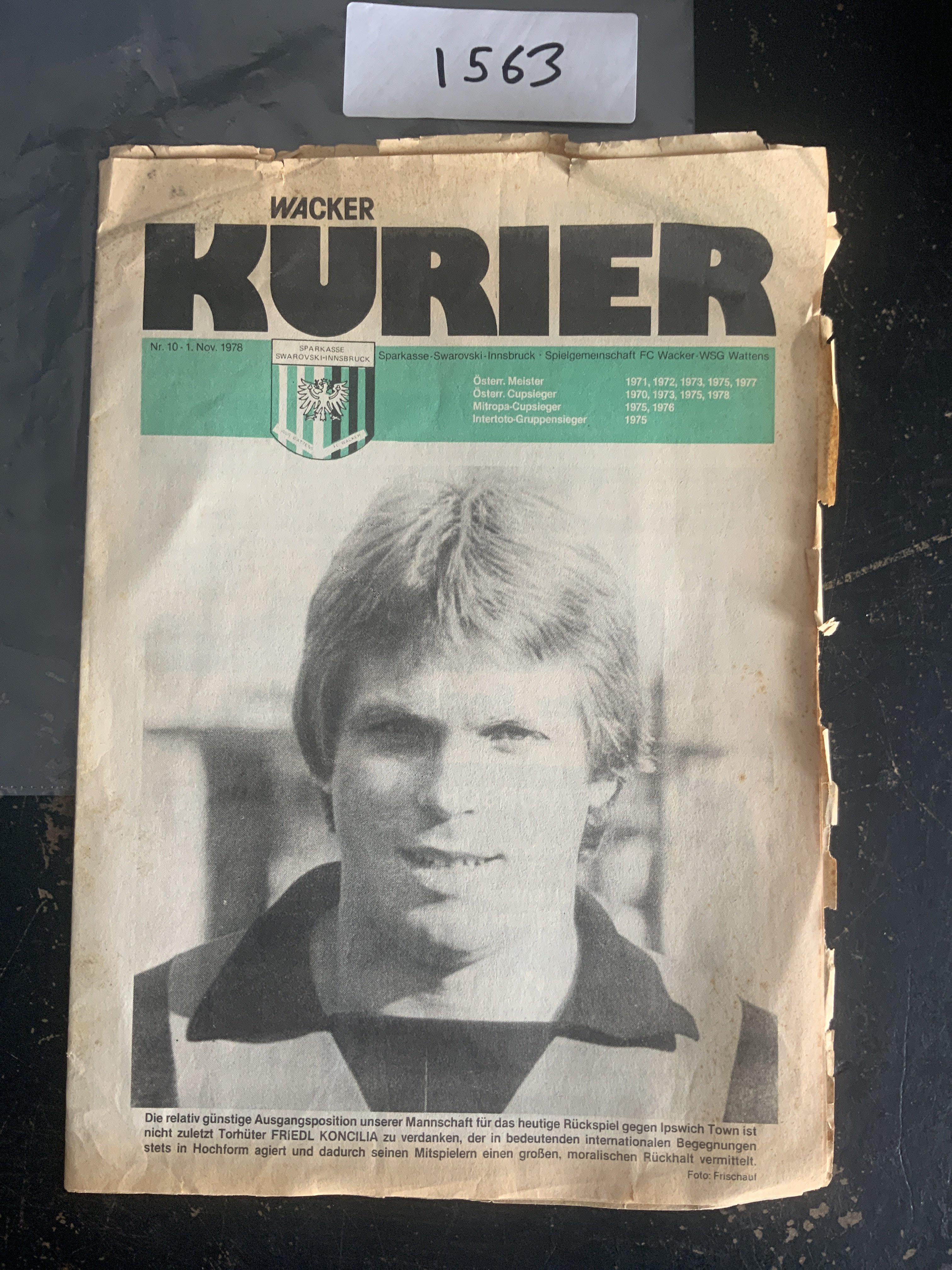 78/79 Wacker v Ipswich Town Football Programme: ECWC programme is tatty to upper and right hand edge. No team changes.