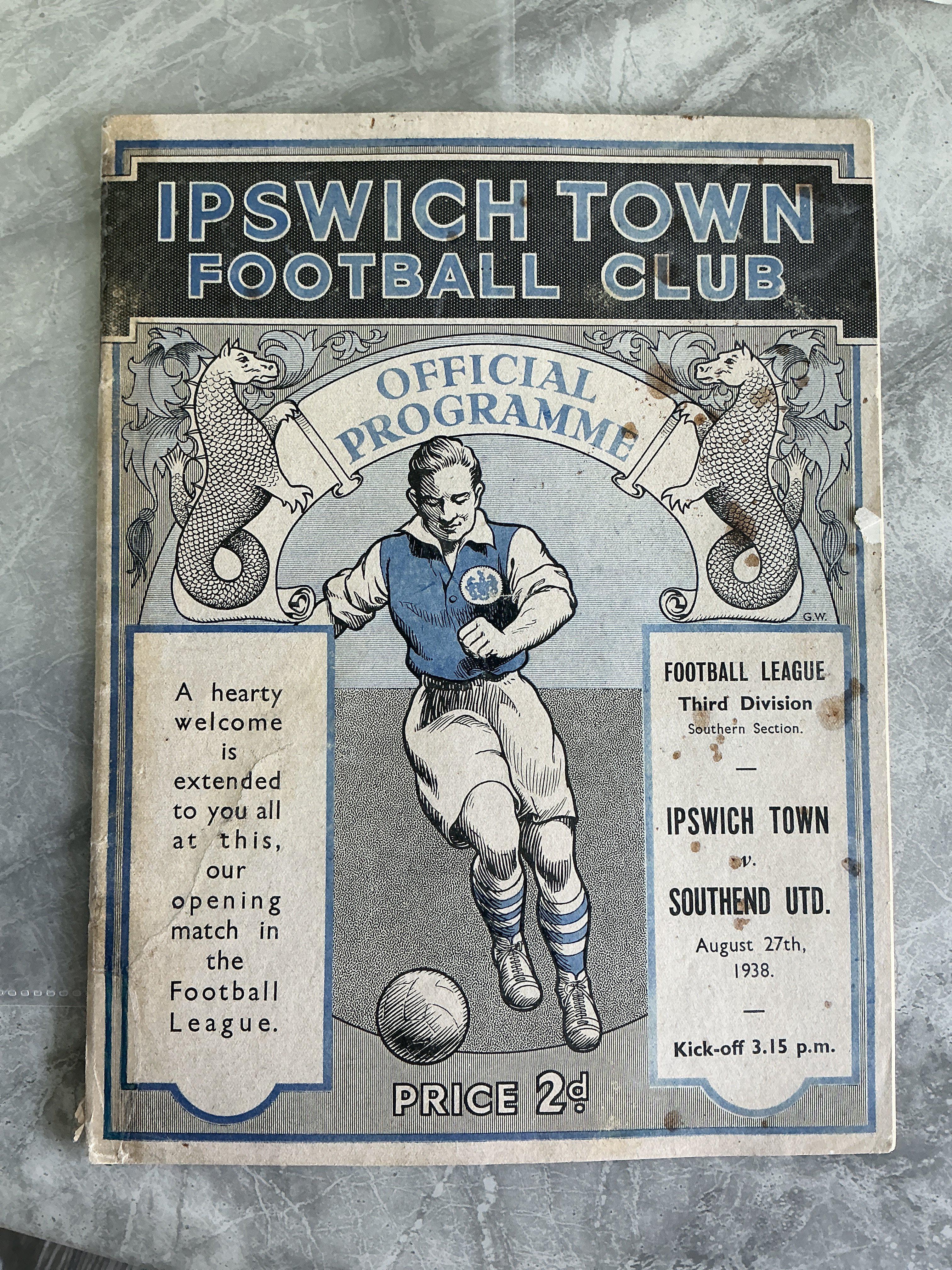 38/39 Ipswich Town v Southend United Football Programme: First home match in the football league for Ipswich. Good condition with no team changes. Some small stains to cover and professional repair.