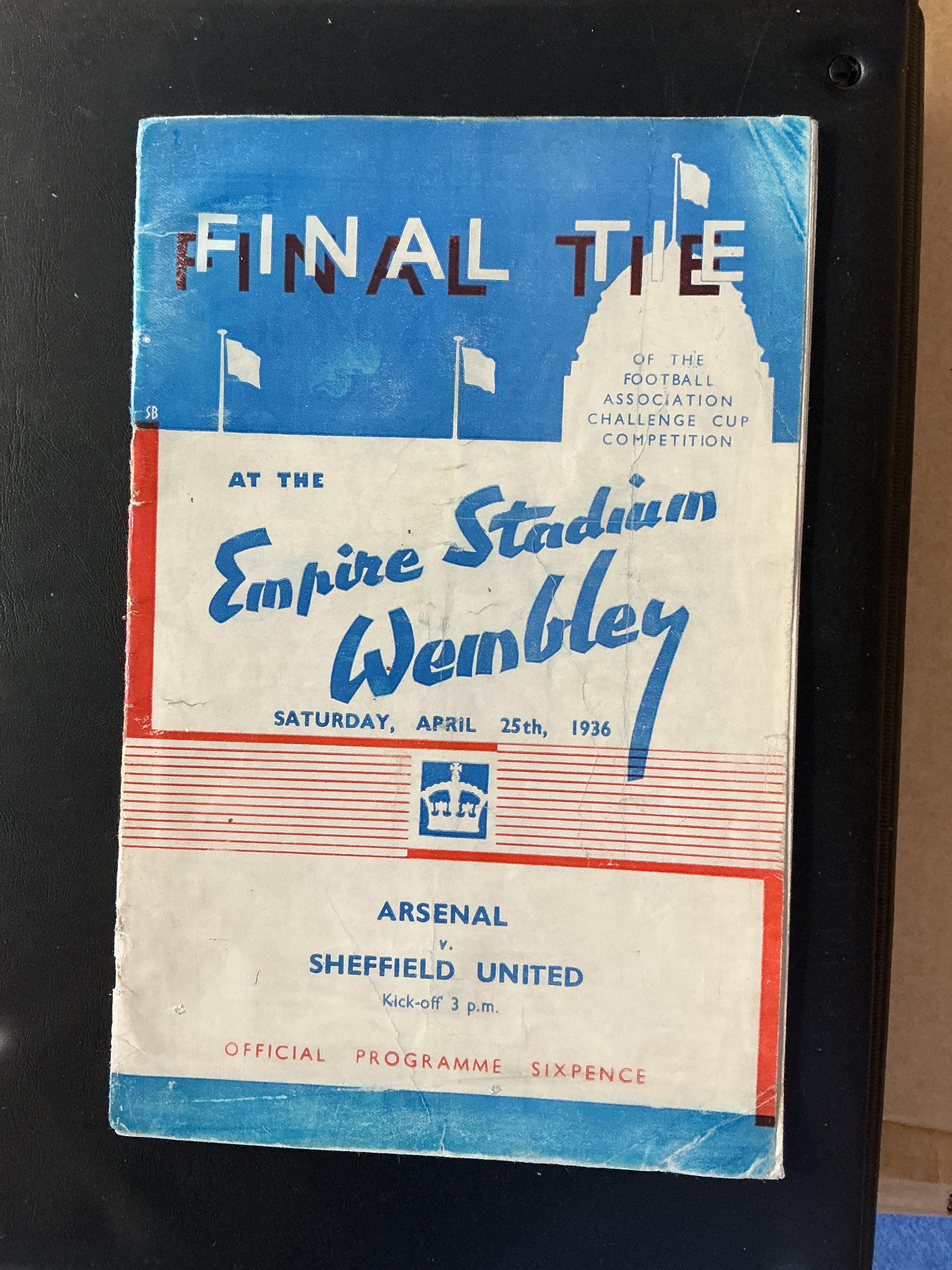 1936 FA Cup Final Football Programme: Arsenal v Sheffield United in fair condition with no team changes. Professional repair to spine and staples never replaced.