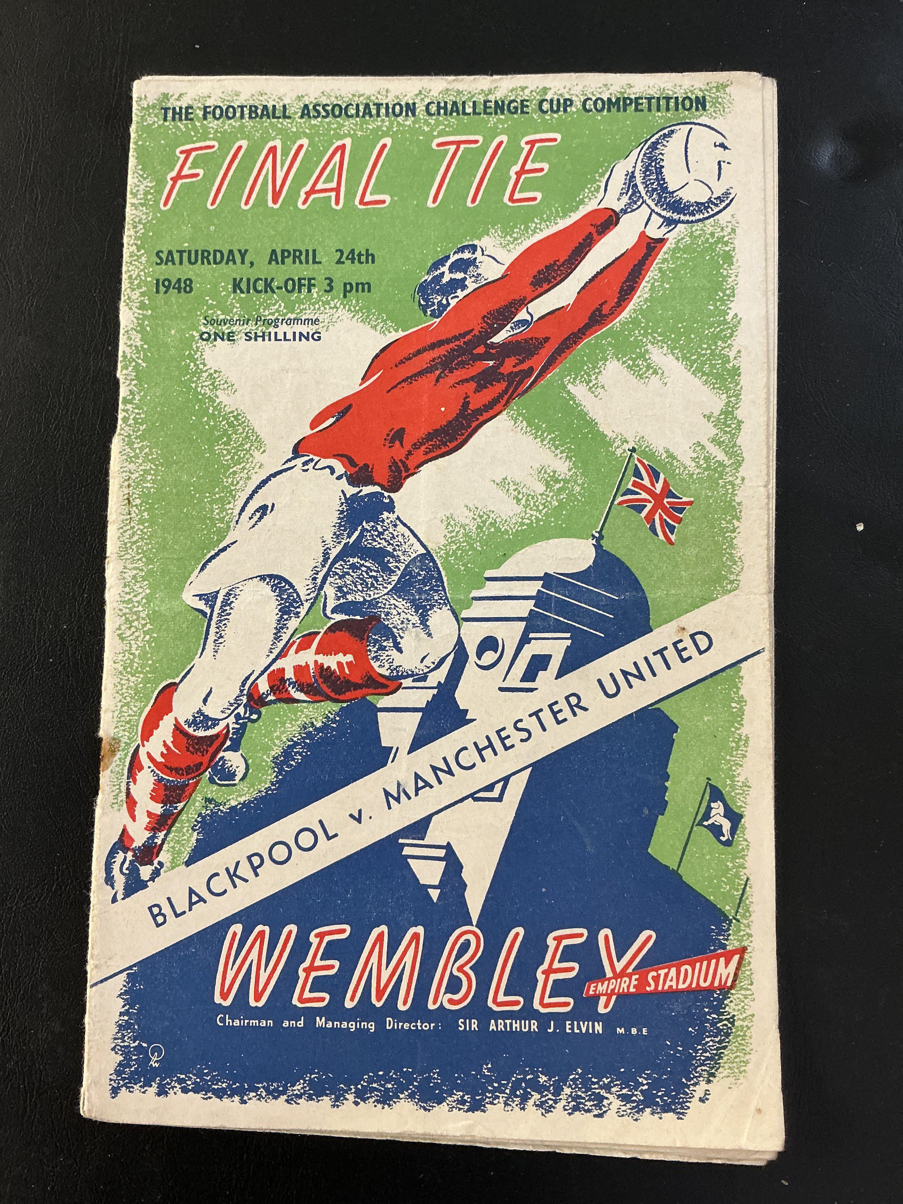 1948 FA Cup Final Football Programme: Blackpool v Manchester United in good condition with no team changes. Rusty staples and small split to spine.