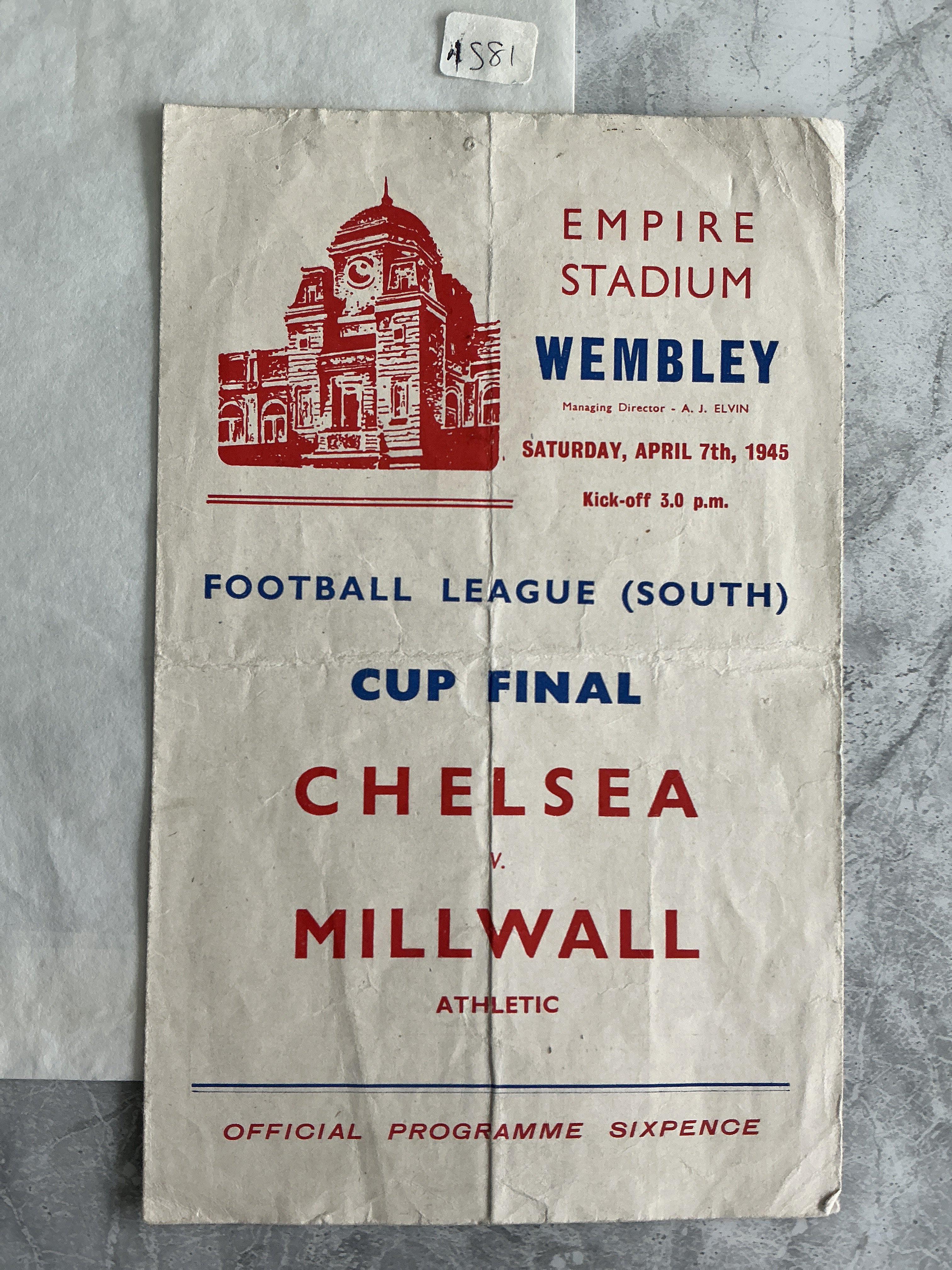 1945 Cup Final Chelsea v Millwall Football Programme: Played at Wembley for the League South final. 4 pager is fair with no team changes. Heavy fold.