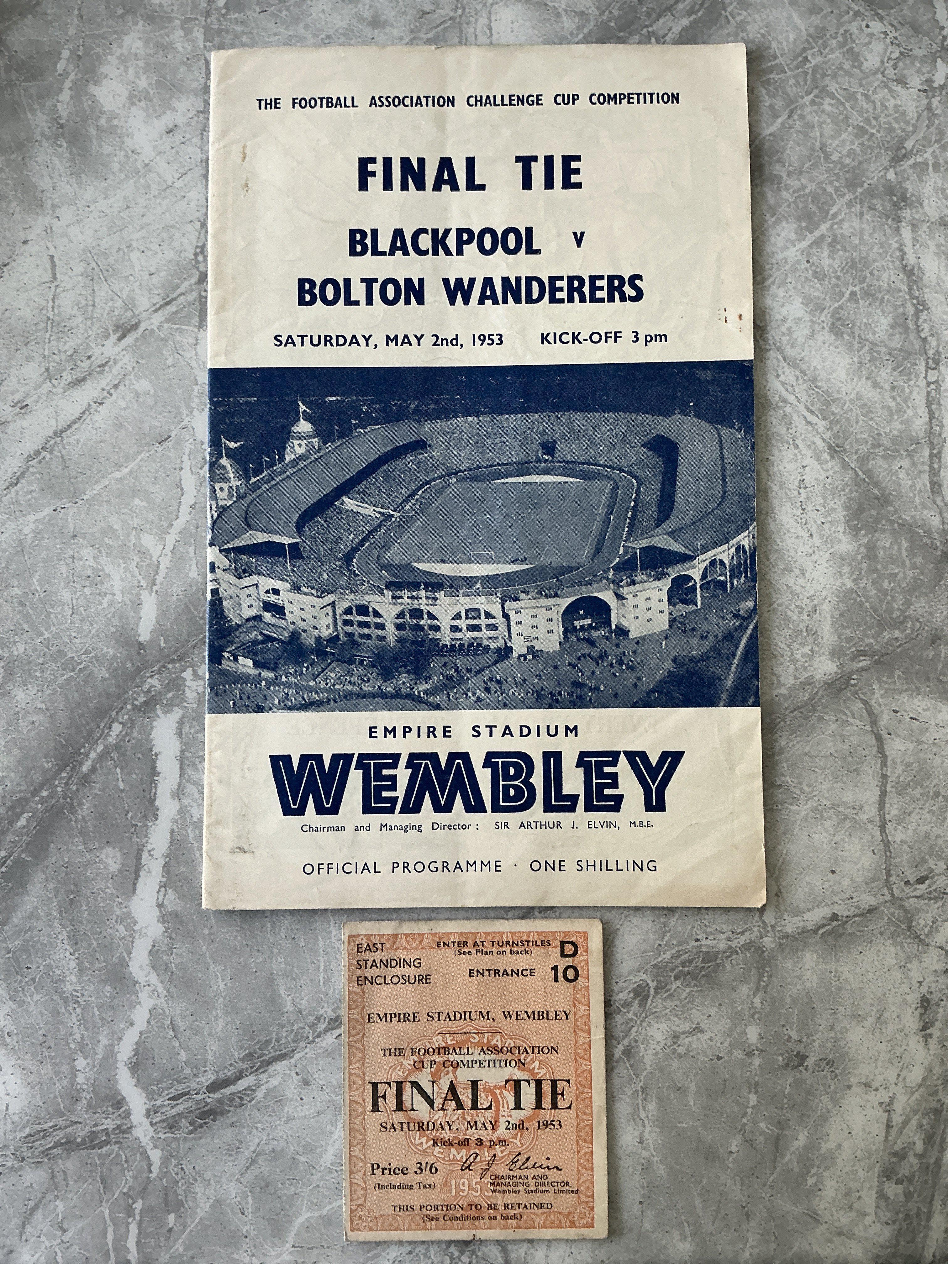 1953 FA Cup Final Blackpool v Bolton Football Programme + Ticket: Excellent condition programme with no team changes with matching ticket. Still the most famous FA Cup Final. (2)