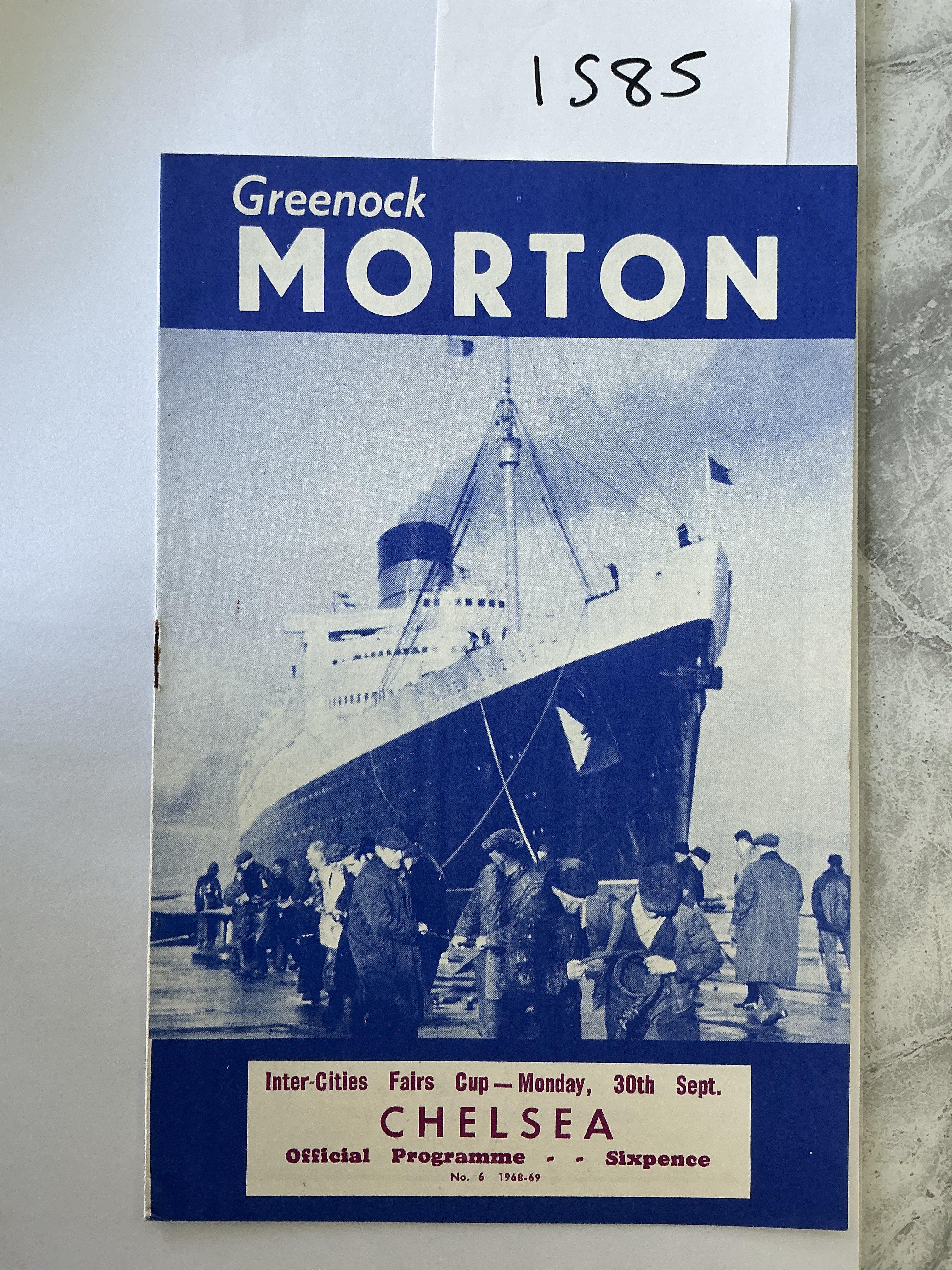 68/69 Greenock Morton v Chelsea Football Programme: Excellent condition Fairs Cup programme with no team changes. Rusty staple holding firm.