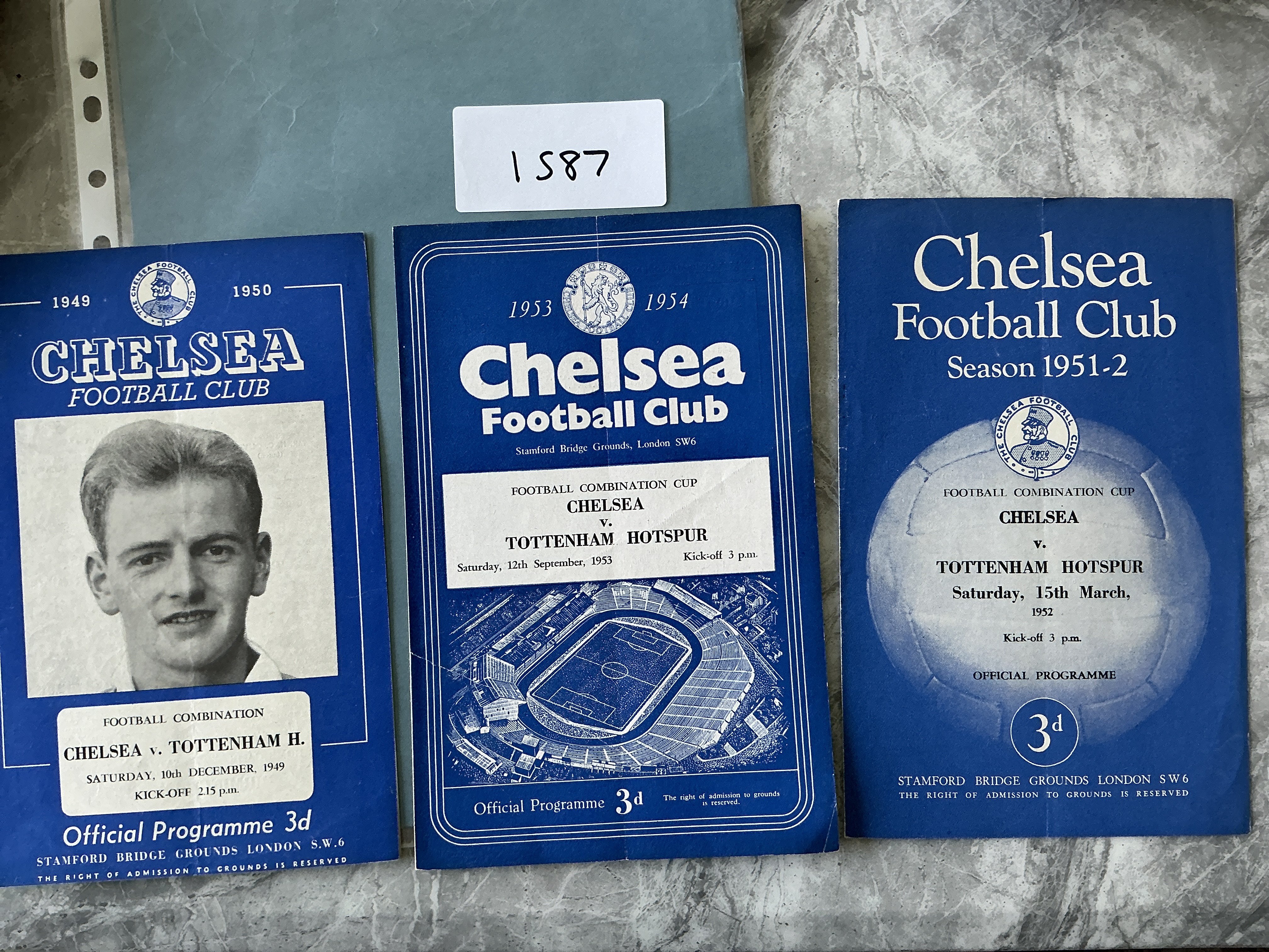 Chelsea v Tottenham Reserve Football Programmes: 49/50 Football Combination and Combination Cup from 51/52 + 53/54. Very good. (3)