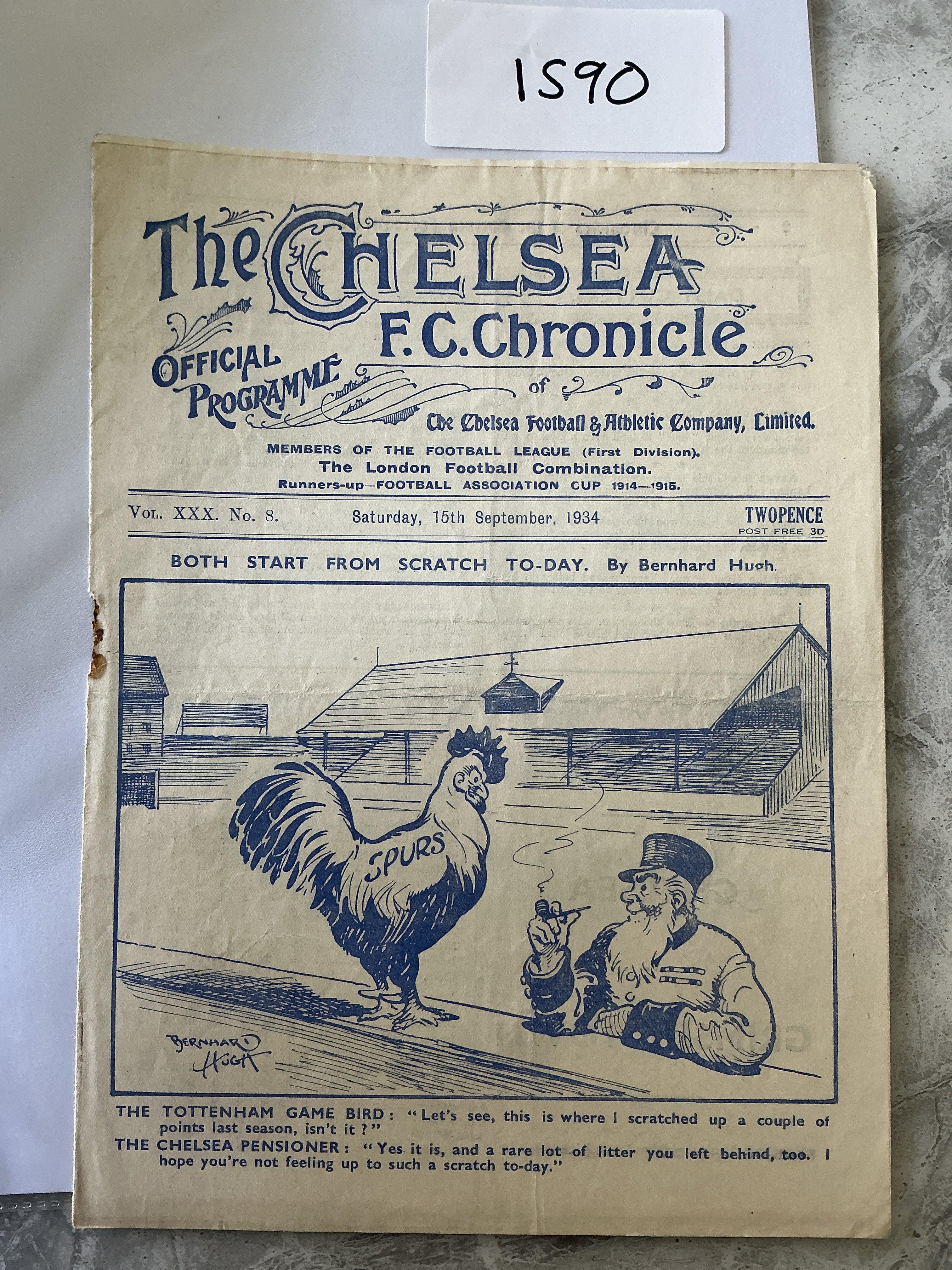 34/35 Chelsea v Tottenham Football Programme: Fair condition 8 page League programme with no team changes. Staple rotted away leaving hole.