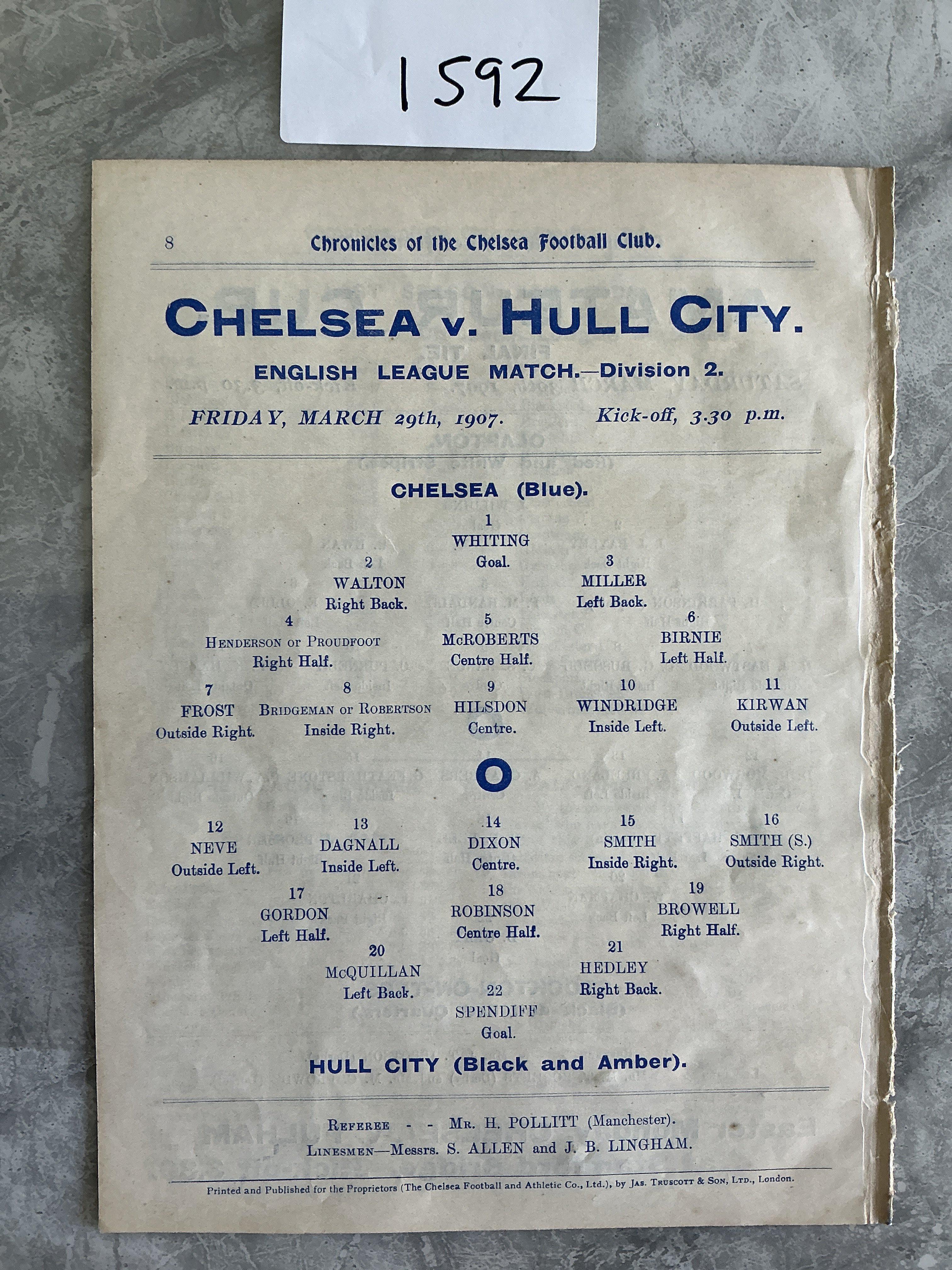 1906 - 1907 Amateur Cup Final Football Programme At Chelsea: Clapton v Stockton On Tees which doubles up as a Division 2 home match for Chelsea v Hull. Excellent condition ex bound with no team changes. (1)