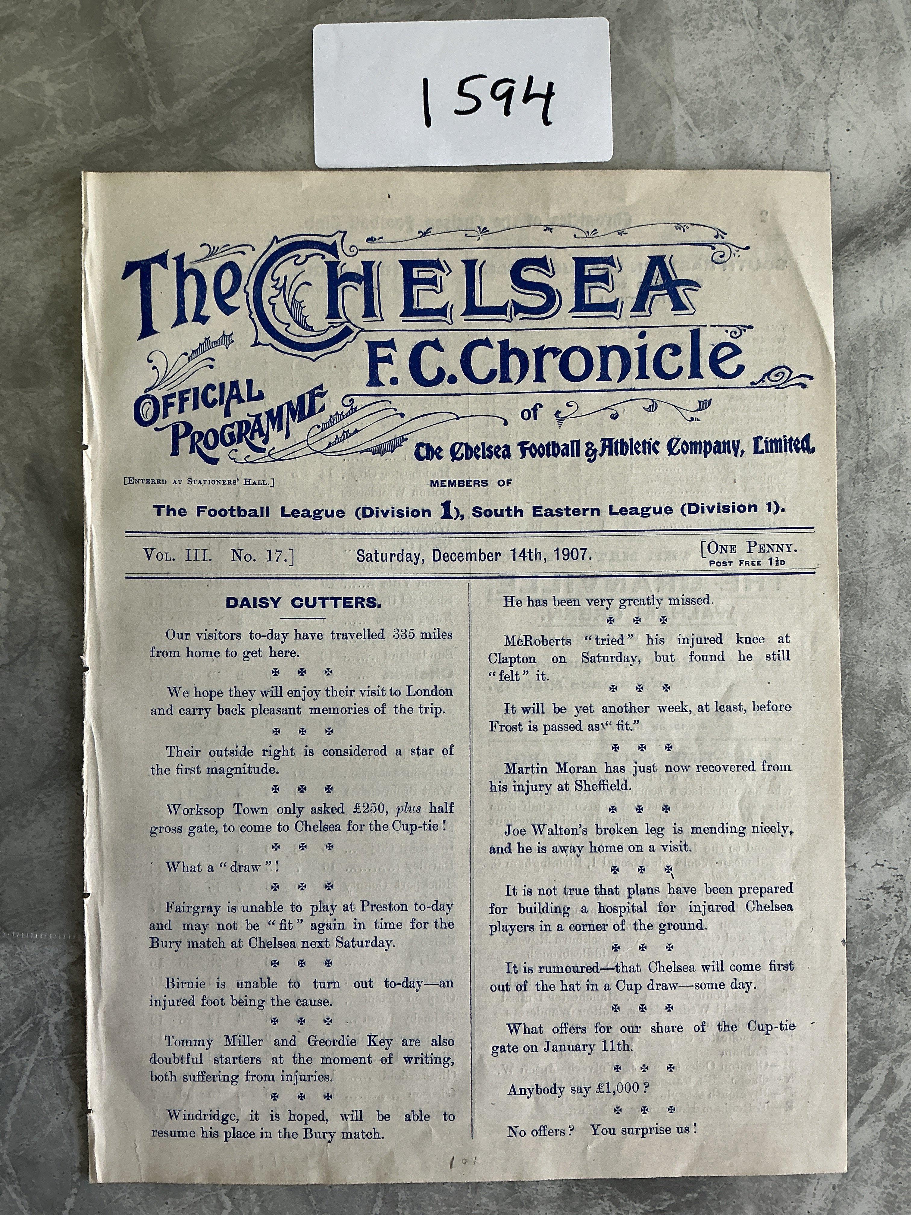 1907 - 1908 Chelsea v Dumfries Football Programme: Excellent condition ex bound 4 page friendly with no team changes. Dumfries became Queen of the South 11 years later.