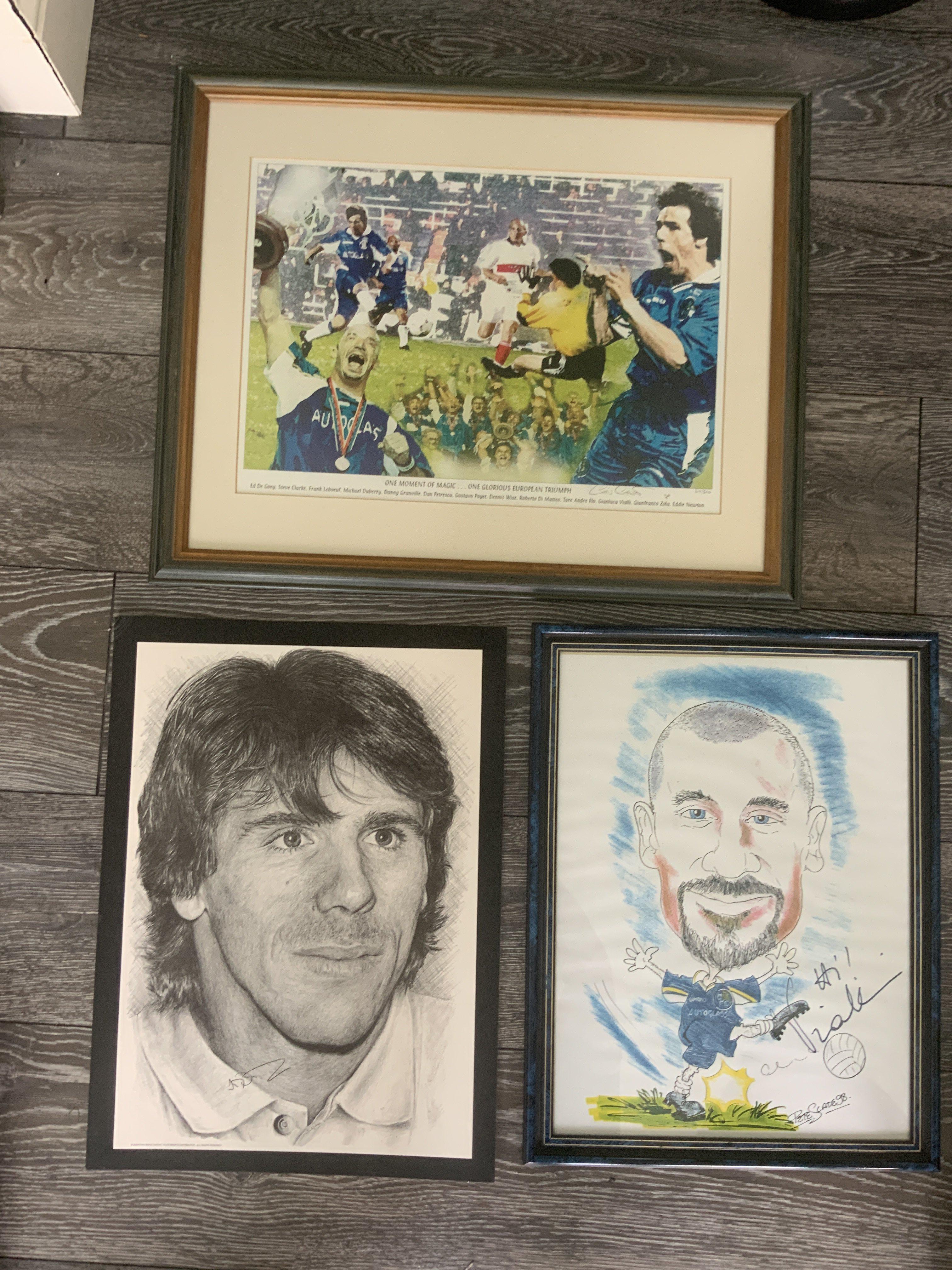 Chelsea Framed Football Prints: Ltd edition print signed by the artist of Zola and others when winning the ECWC in 1998. Frame measures 22 x 17 inches. C/W prints of Zola unframed and Vialli framed. (3)
