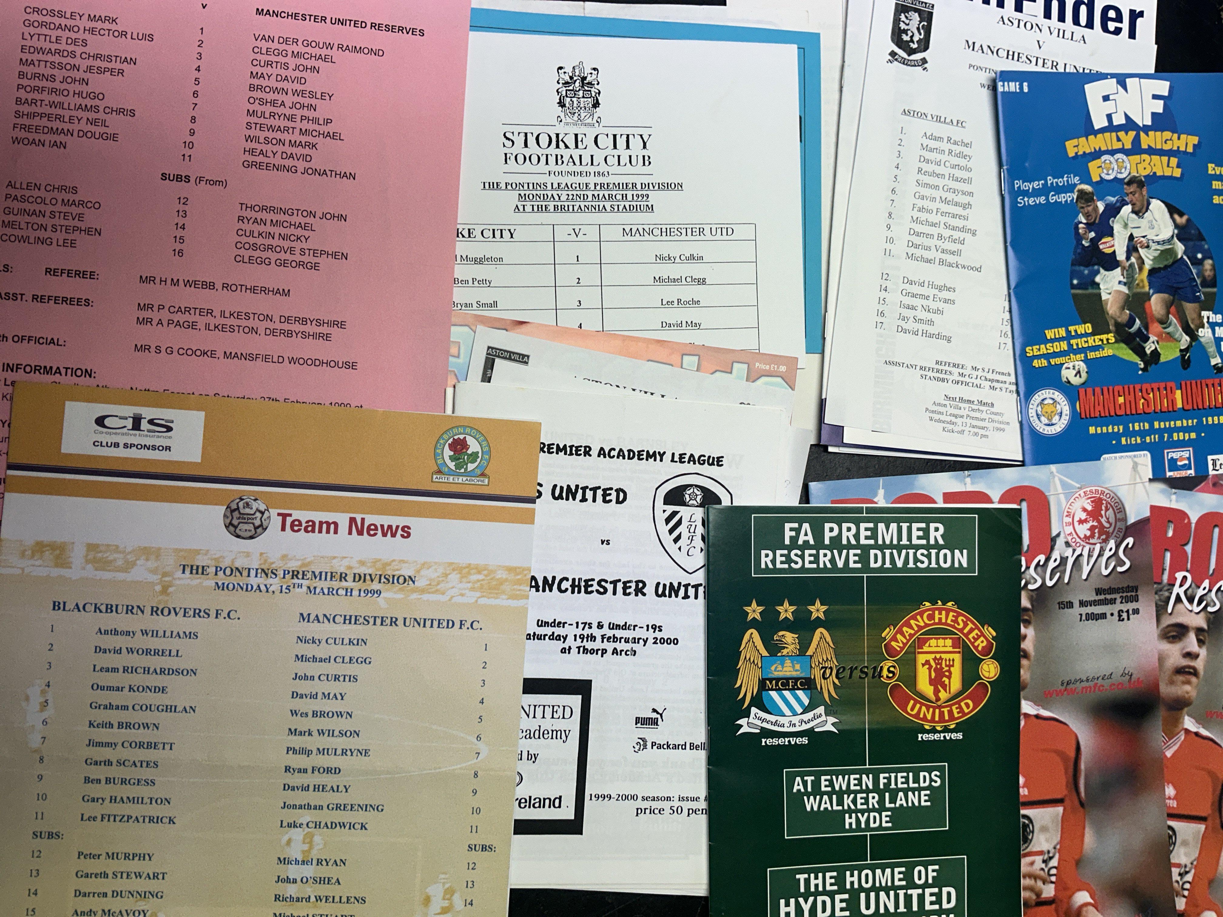 Manchester United Away Reserve Football Programmes: Majority sheets from 98/99 to 2004/2005 with some being team sheets including Far East tour. Slight duplication. (100+)