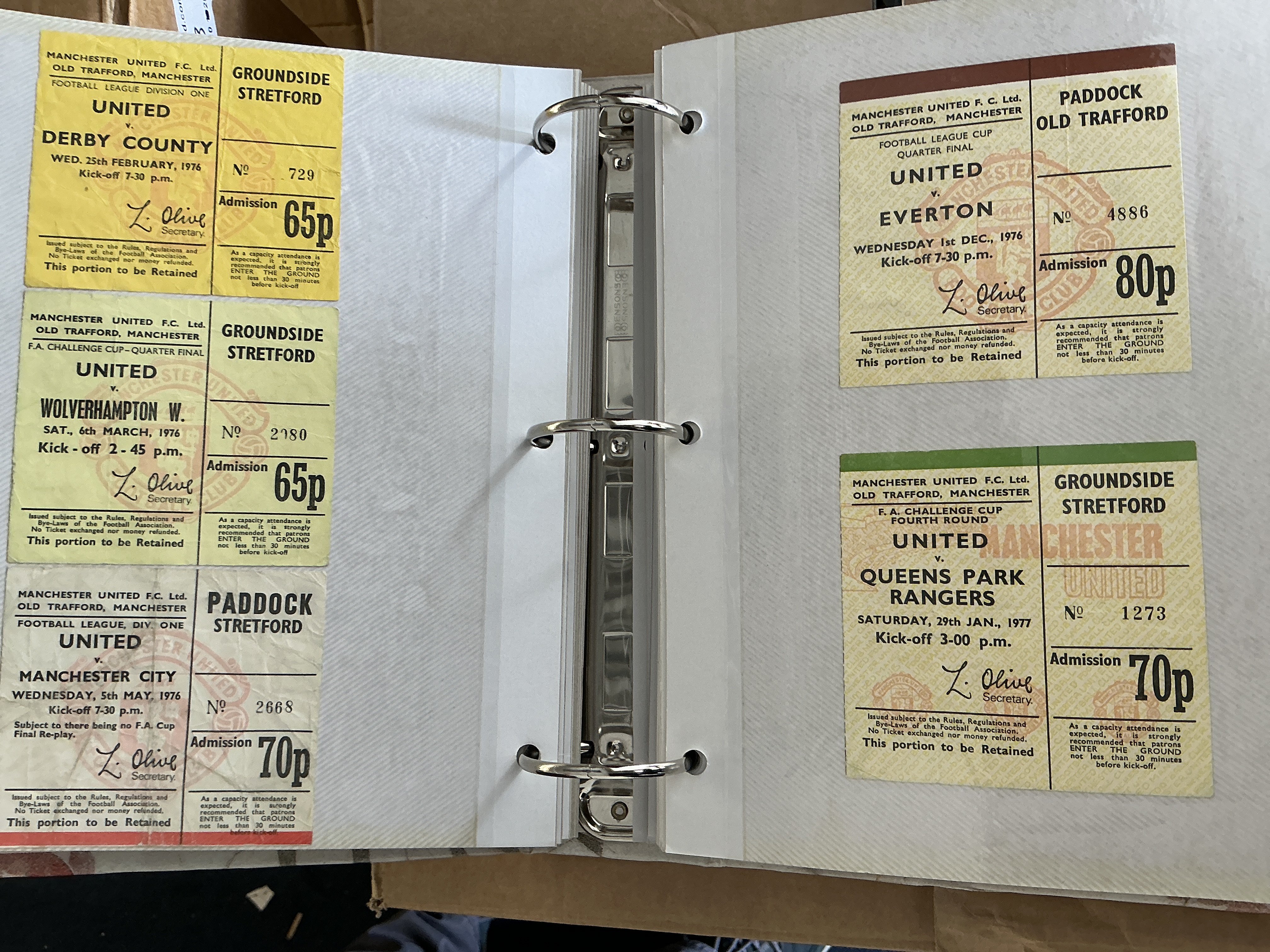 Manchester United Football Ticket Album: Includes testimonials for Robson Busby memorial, Cantona Munich testimonial, Ferguson Solskjaer Giggs Irwin. Tickets from the late 60s onwards with many big match. (191)