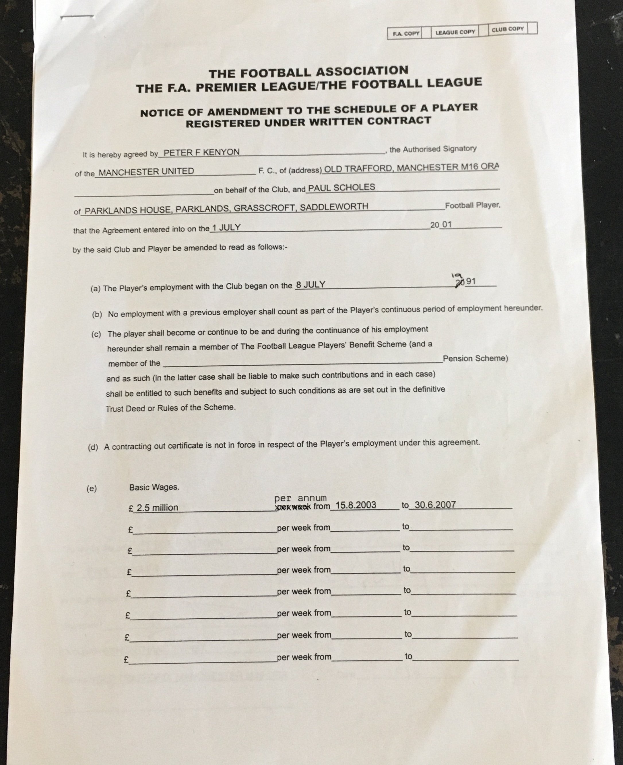 Manchester United Paul Scholes Football Contract: Original contract extension for the period August 2003 to June 2007, signed by both Scholes and Peter Kenyon.