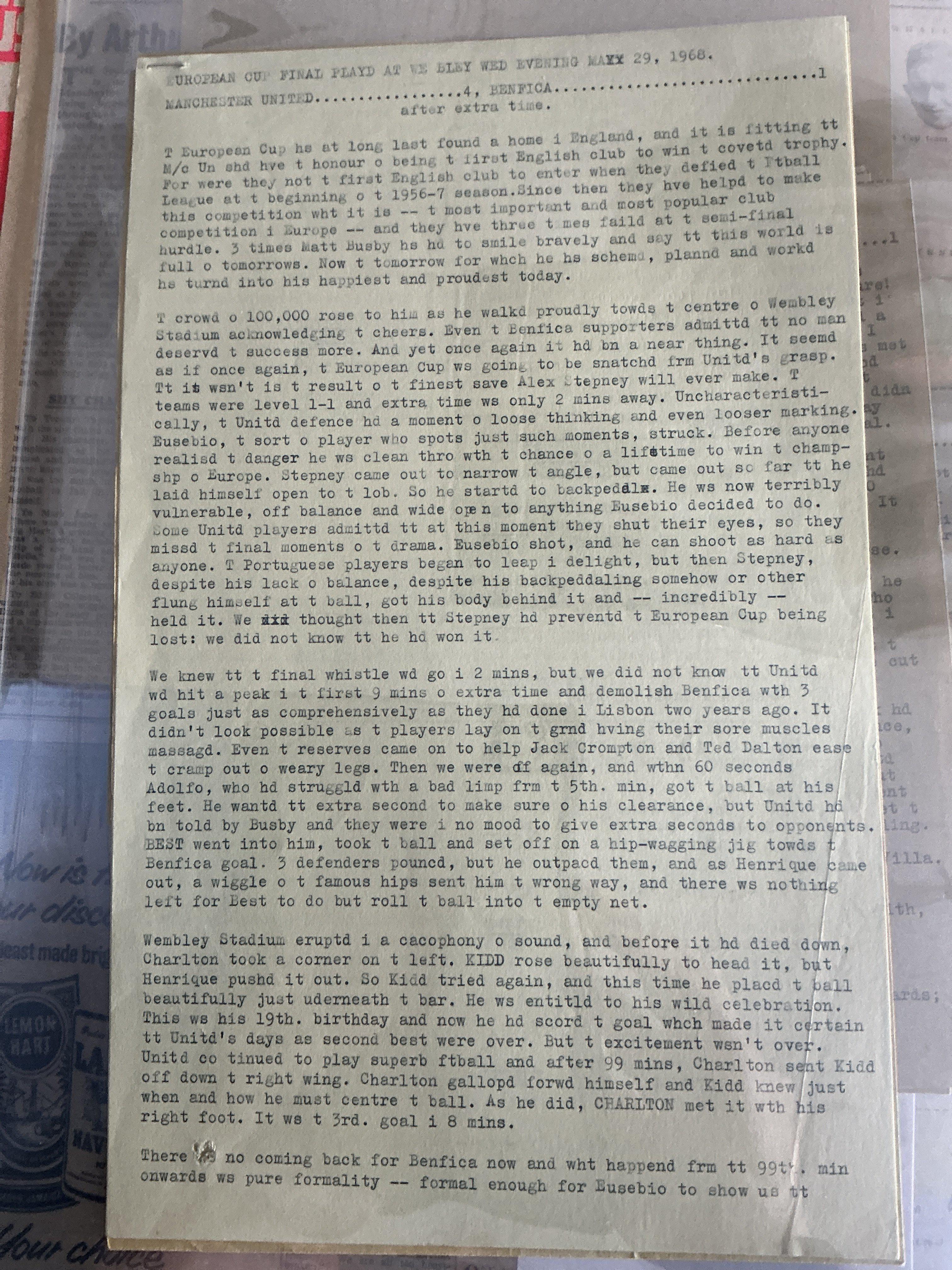 Manchester United Football Newspapers + Publications: Includes 1963 FA Cup Final, 2008 Moscow Times Champions League Final, 1968 El Grafico, Ken Wolstenholme typed match reports for Man Utd matches 1966 v Benfica, 1963 Coventry FA Cup, 1967 Charity Shield, 1958 FA Cup Final, 1968 European final and semi. Club World Championship v Estudiantes in 1968. (Est 50).