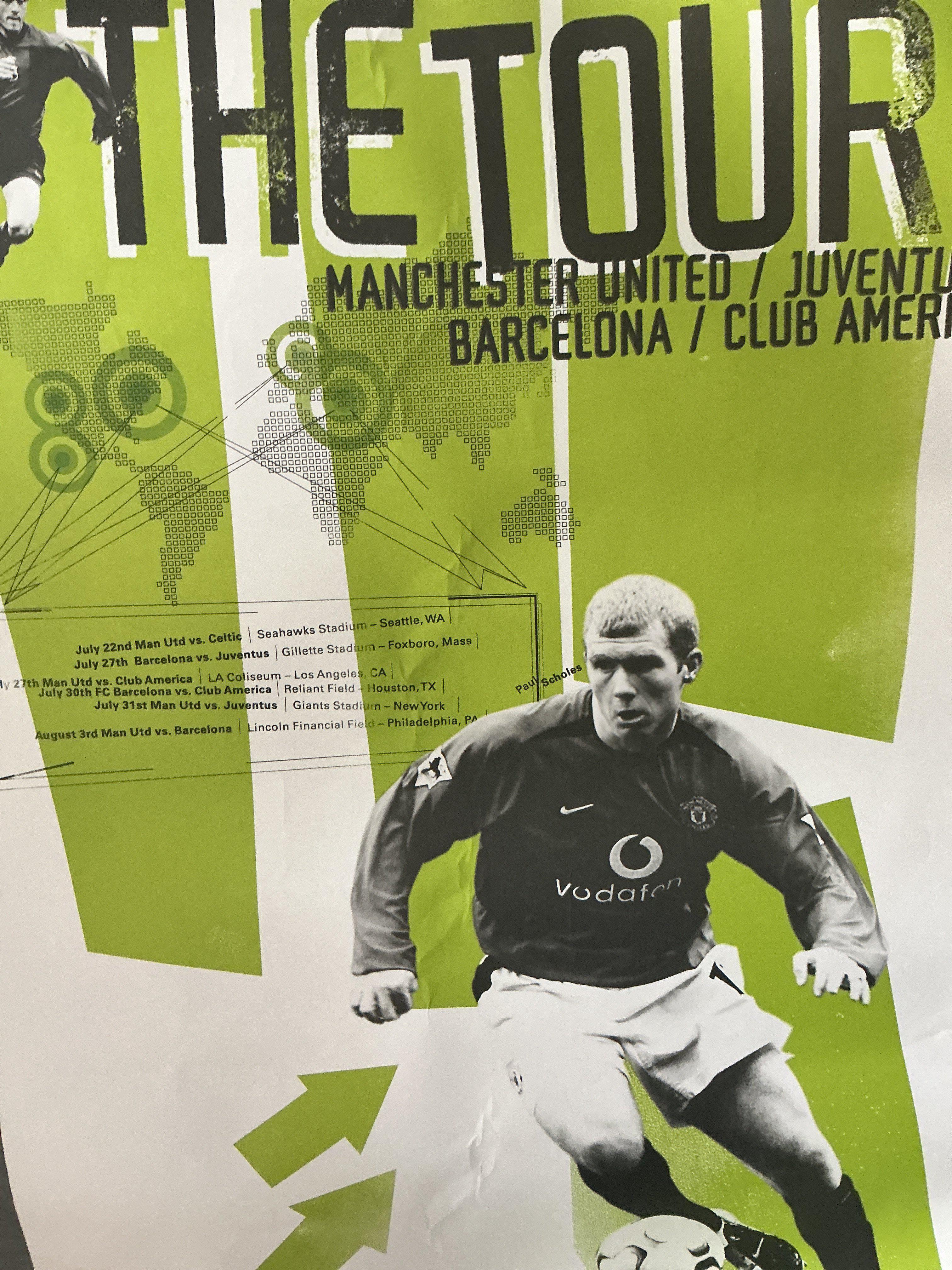 Manchester United + Other Football Posters: American Tour featuring Paul Scholes, Early 60s team group, Manchester United magazine advert. Non Man Utd includes 1994 World Cup, Australia Olympic Team, Australian Youth tournament and more.