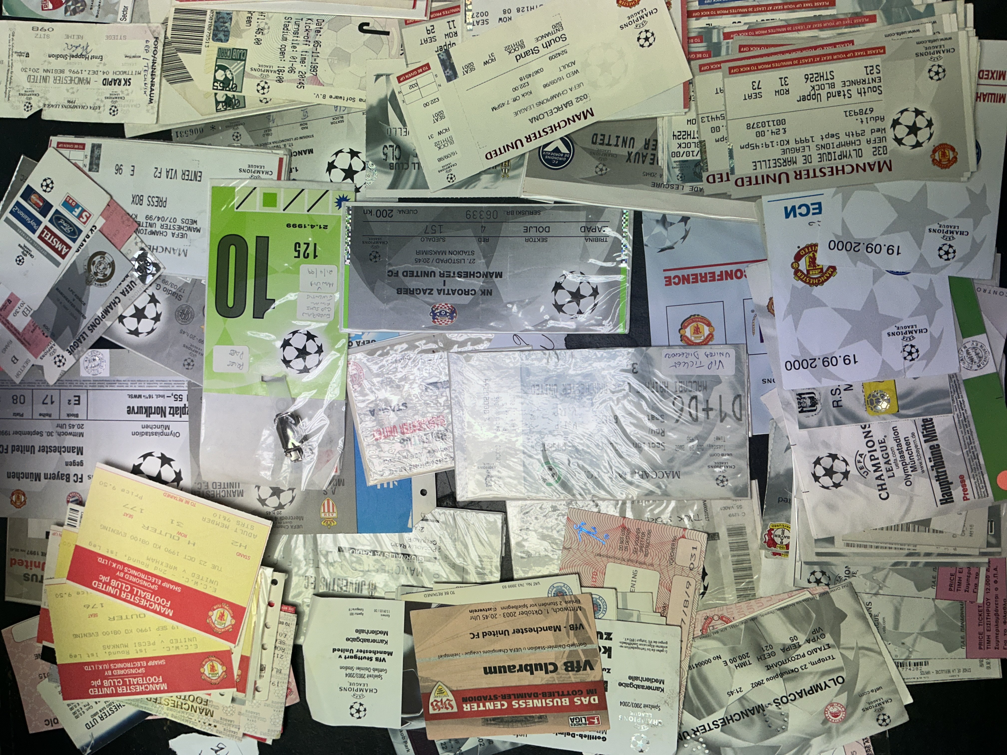 Manchester United European Competition Football Tickets: 1992 - 2009 with 135 home and 73 away. Includes UEFA Cup and ECWC tickets. Press and player tickets/passes included with some signed. Duplication. (200+)