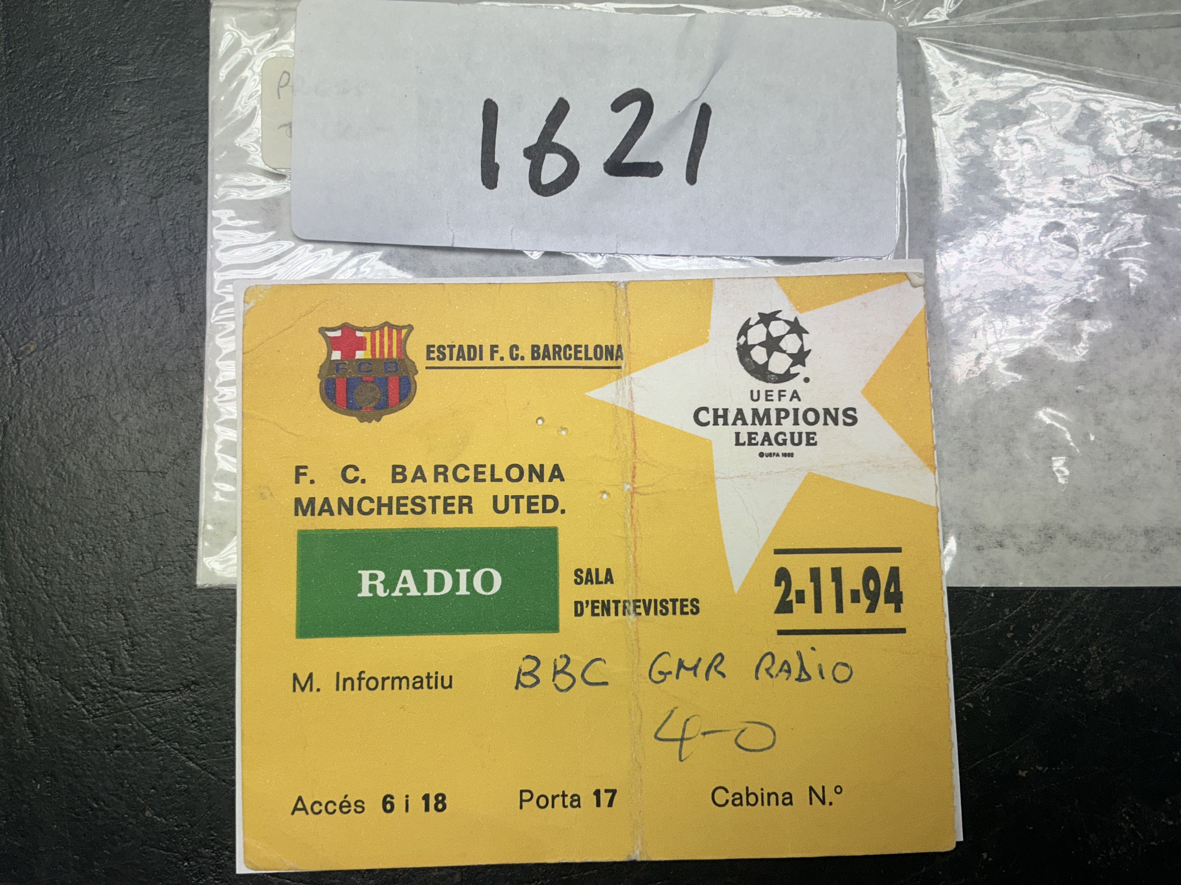 94/95 Barcelona v Manchester United Football Ticket: Champions League press ticket dated 2 11 1994. Writing to front stating score and BBC Radio. Fold.