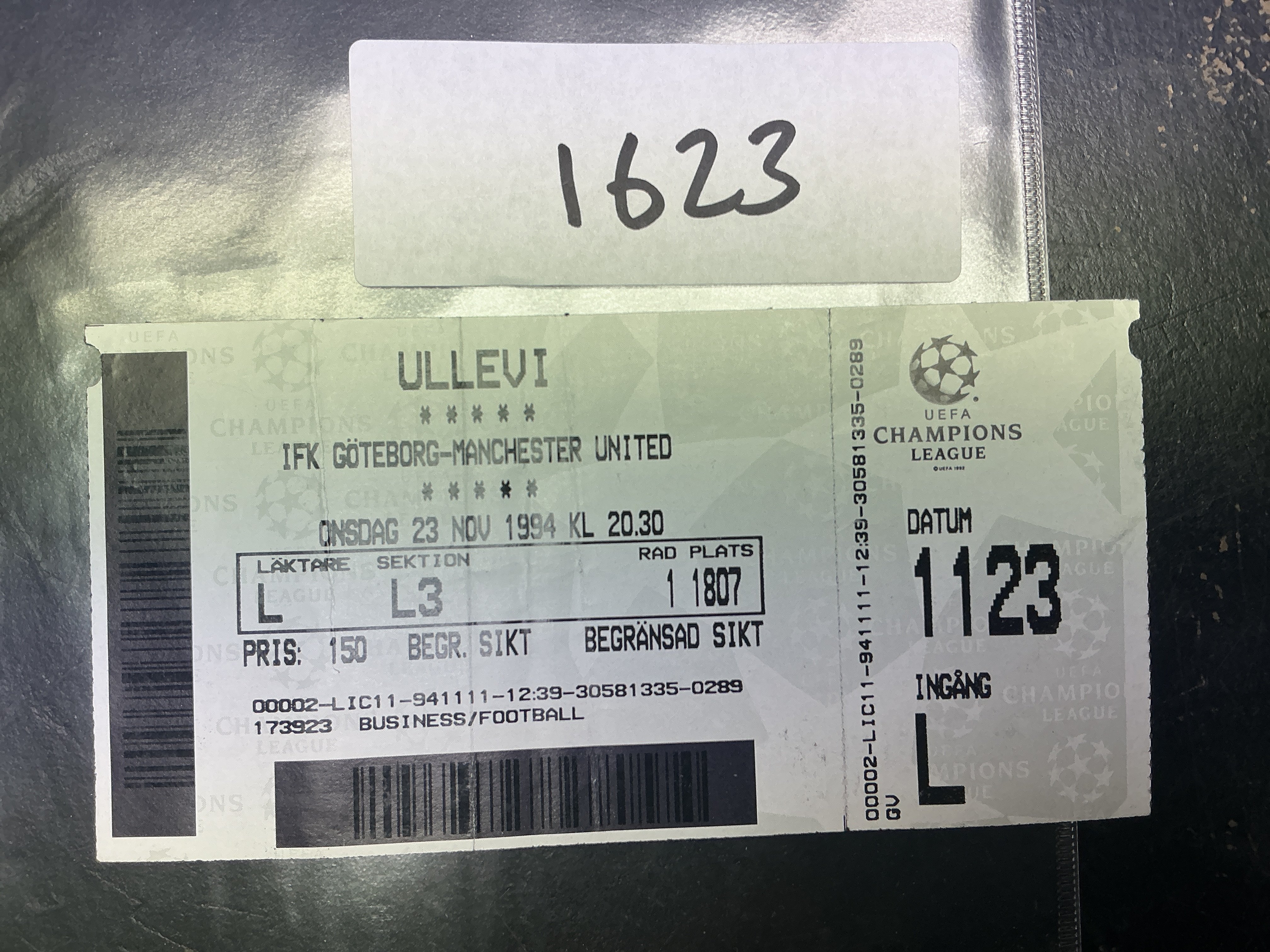 94/95 IFK Gothenburg v Manchester United Football Ticket: Champions League ticket dated 23 11 1994.