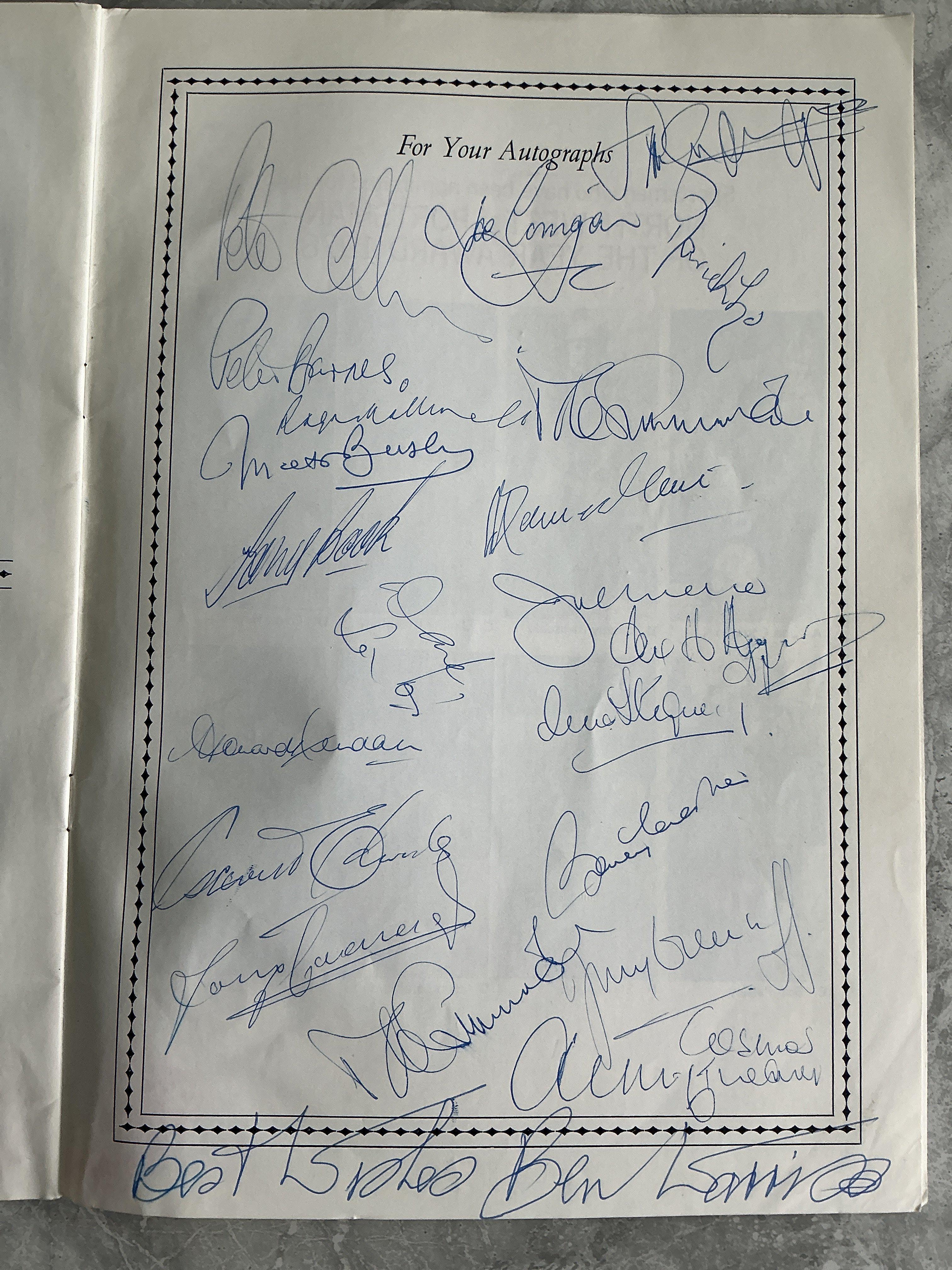 1978 Manchester United + City Signed Sportsmans Menu: Large menu for the 1978 North West Sportsman Of The Year at the Piccadilly Hotel. Inside back page is to collect autographs and we have identified 15 of the 16. Includes Matt Busby Bobby Charlton Dave Sexton Jimmy Greenhoff Mike Summerbee Howard Kendall Tony Book Peter Barnes Joe Mercer Dennis Tueart Joe Corrigan David Lloyd Alex Higgins and Gareth Edwards.