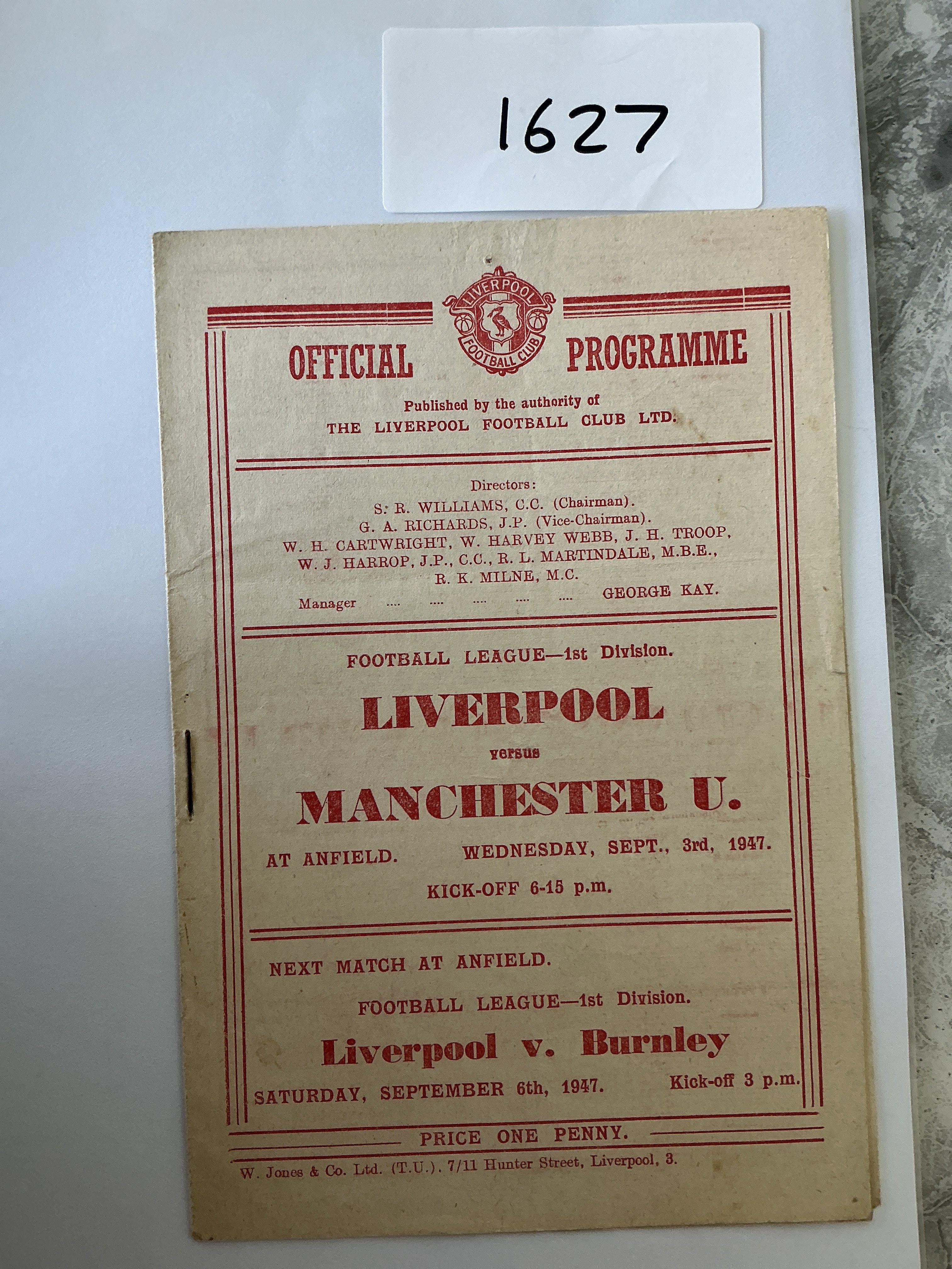 47/48 Liverpool v Manchester United Football Programme: Very good condition 1st division programme with no team changes.