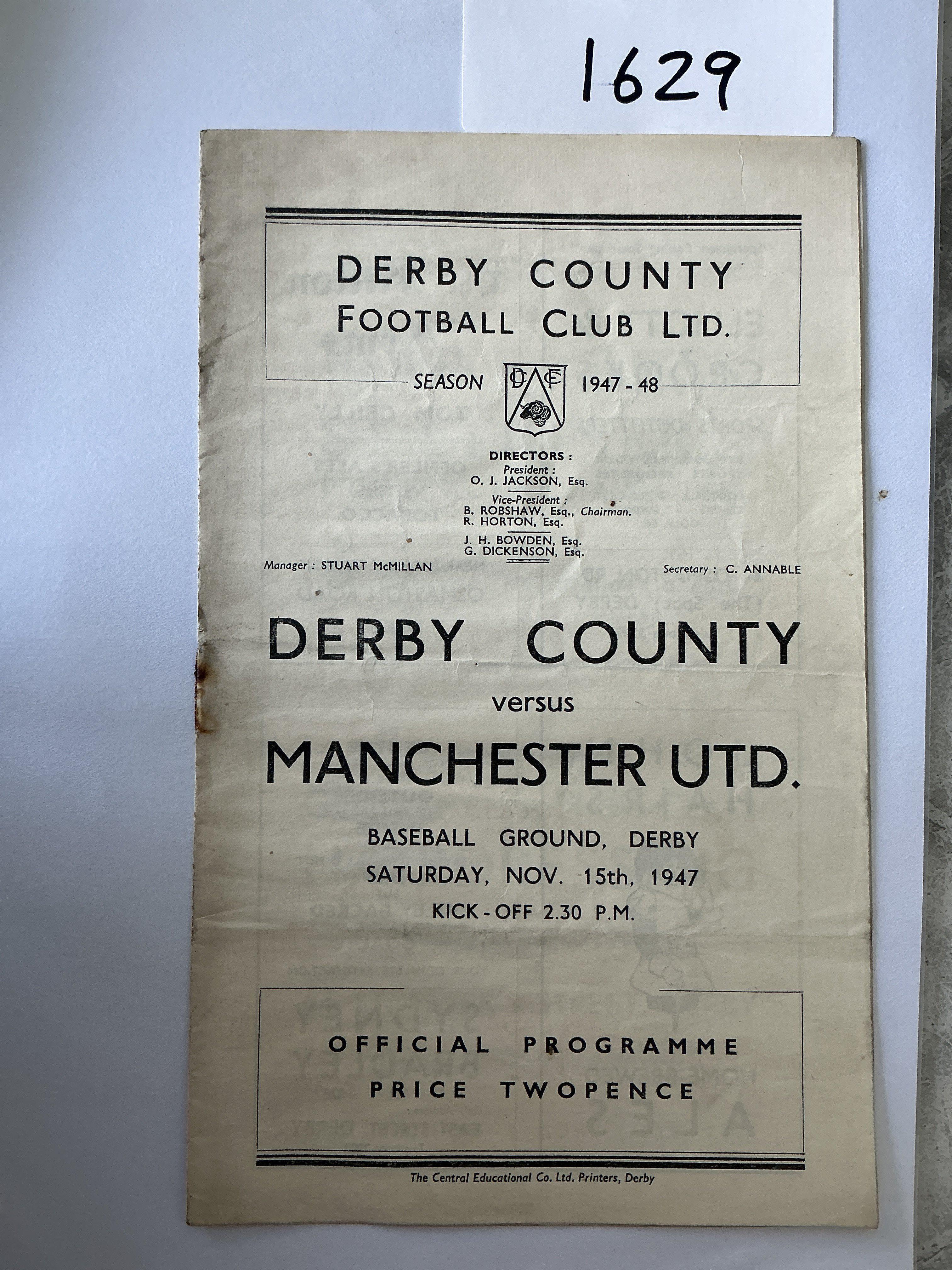 47/48 Derby County v Manchester United Football Programme: Good condition 1st division programme with one team change. Rusty staples holding firm.