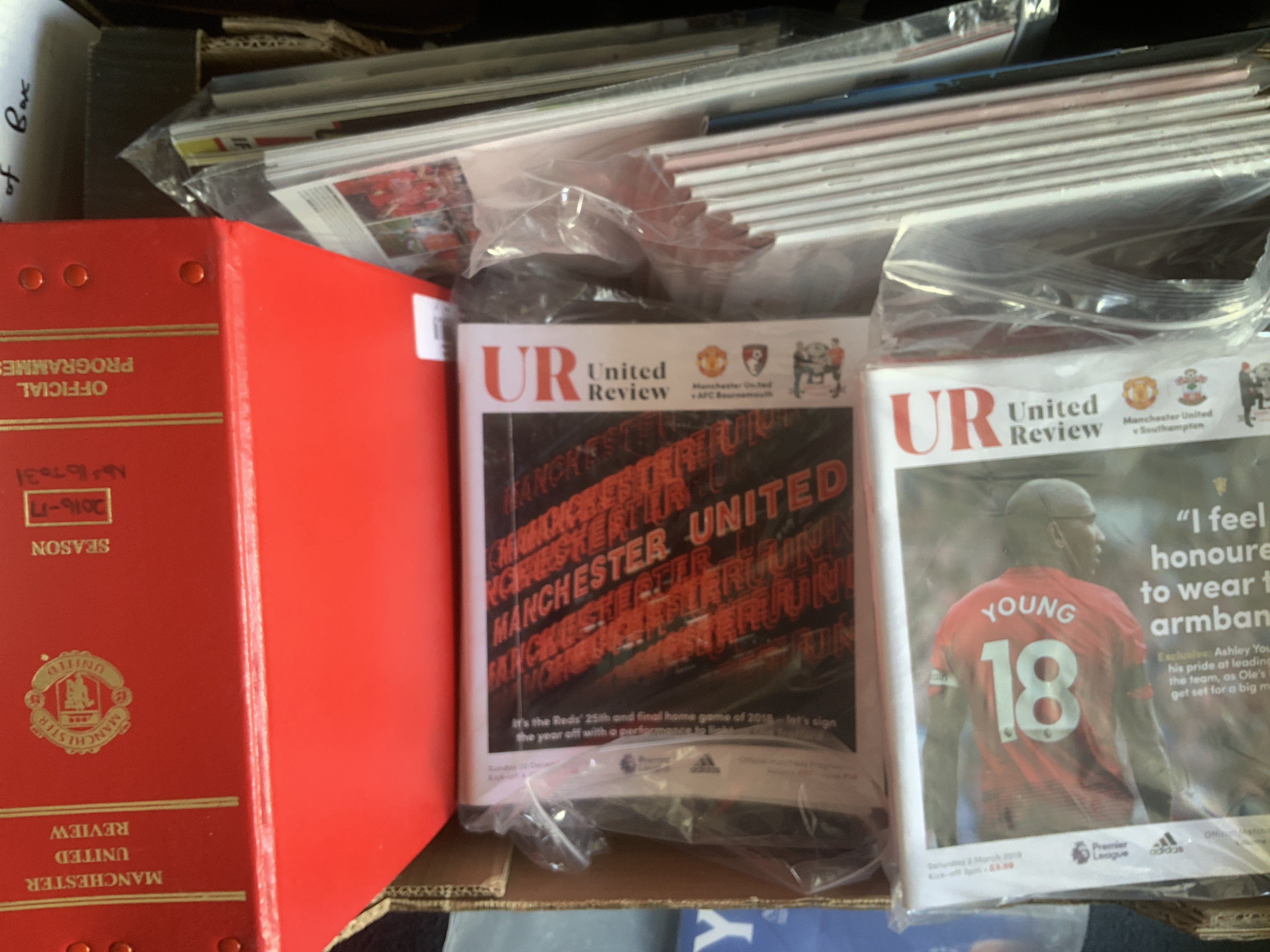 Manchester United Football Programmes: Homes include 2018/19 x 28, 2016/17 x 16, 2014/15 x 11, 2010/11 x 16, 2002/03 x 18 plus from 2005/06 x 12 aways. All programmes in excellent condition. C/W 3 official binders.