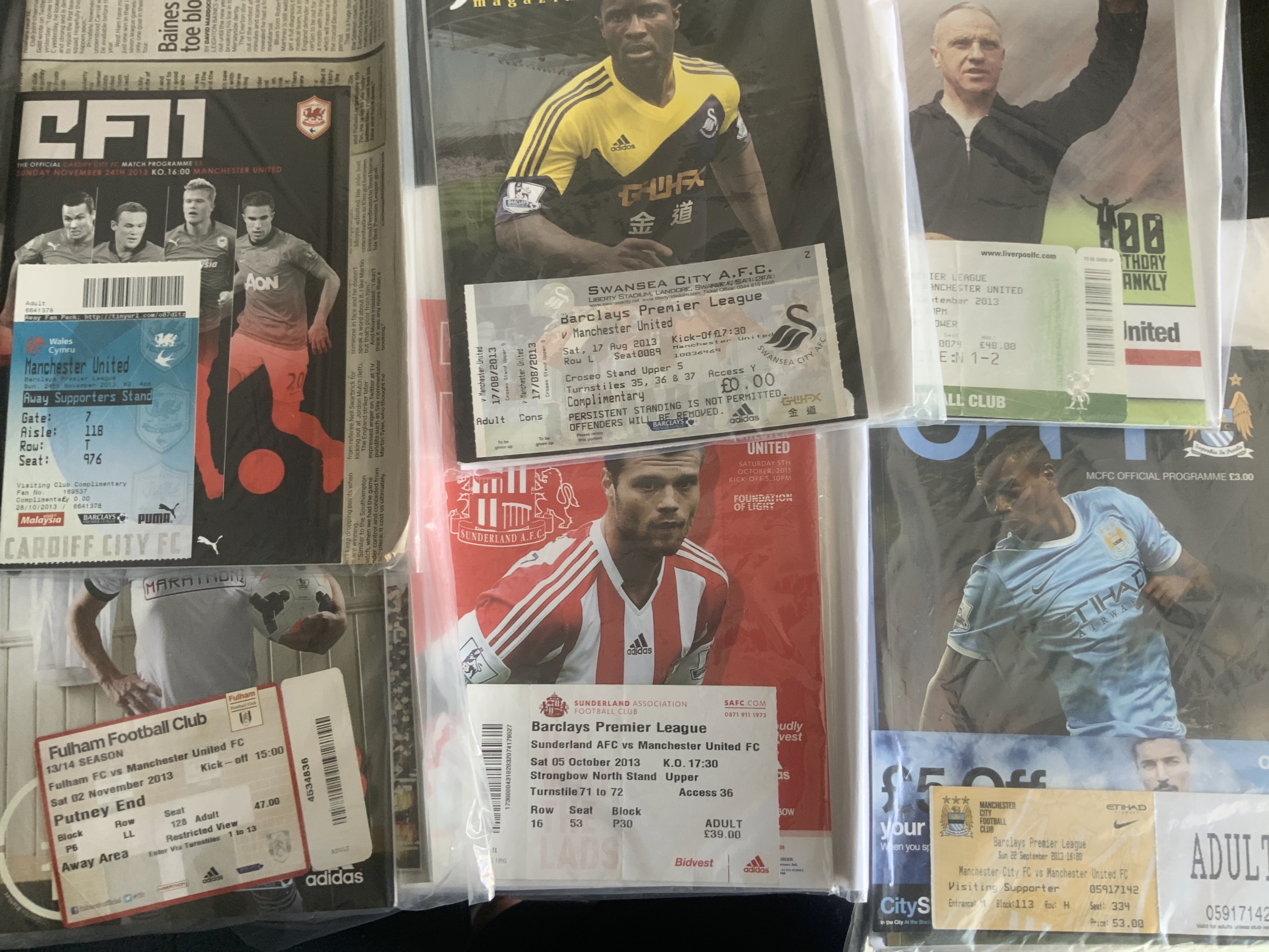 2013 - 2014 Manchester United Complete Football Programmes + Tickets: Only missing Bayern Munich programme at home to complete home and aways. Home programmes come with team sheets match reports and some tickets. Aways are complete of league tickets but also include some friendlies and European.