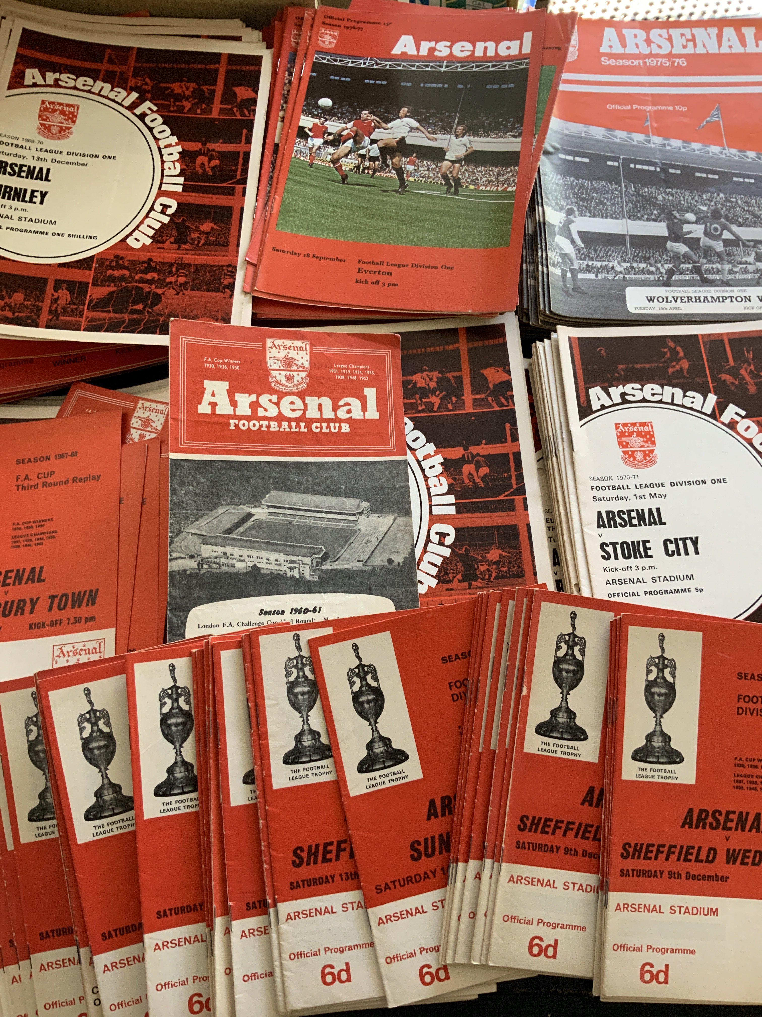 Arsenal 1960s + 1970s Football Programmes: Majority mid 60s to the mid 70s. Plenty of 70/71 with lots of European. Mostly good with duplication. (est 400)