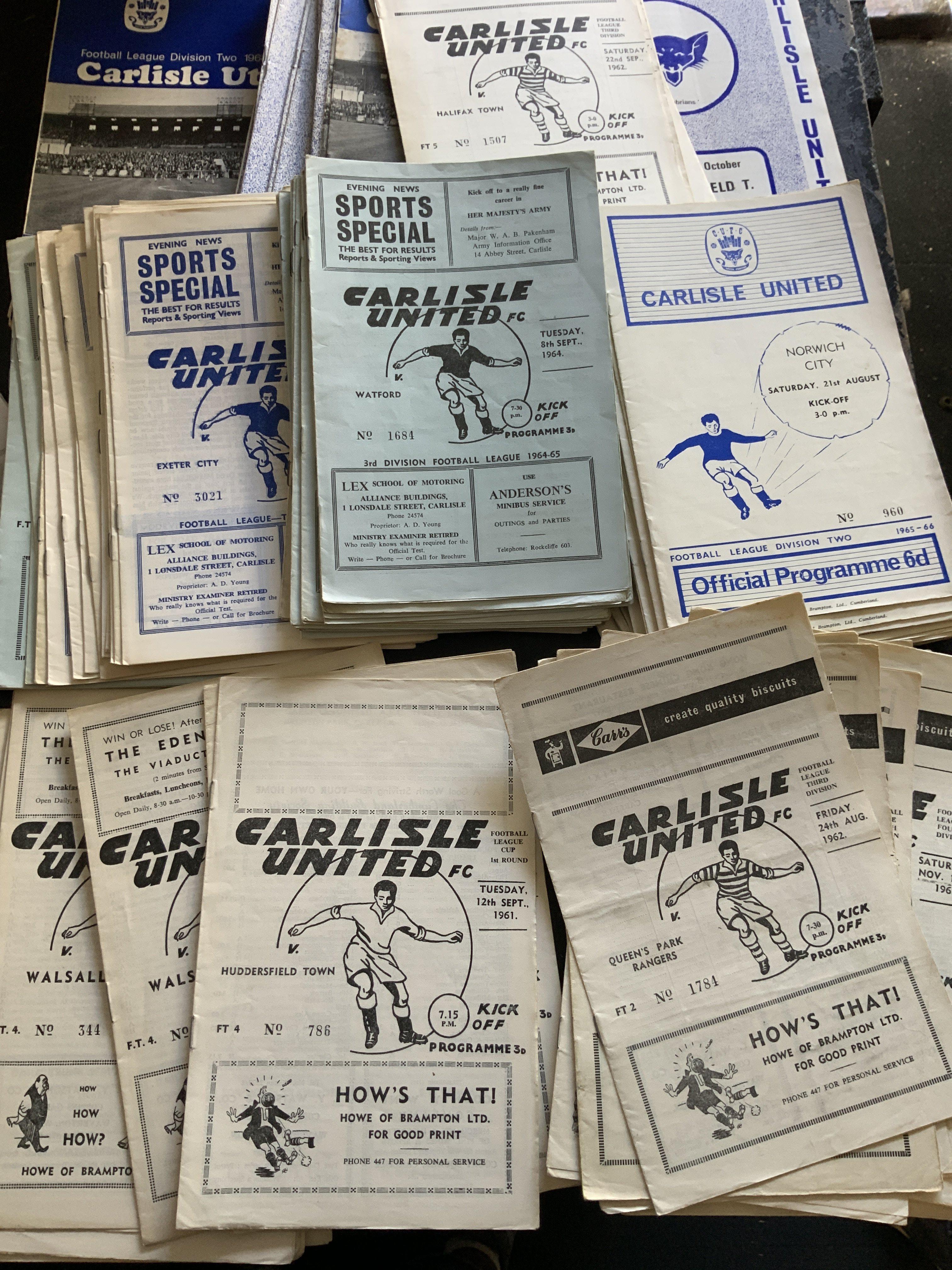 Carlisle United 1960s Home Football Programmes: From 59/60 onwards. Includes 15 from 60/61, 61/62 Huddersfield League Cup x 3, 150 up to 69/70 plus some early 70s. Very good with duplication. (est 180)